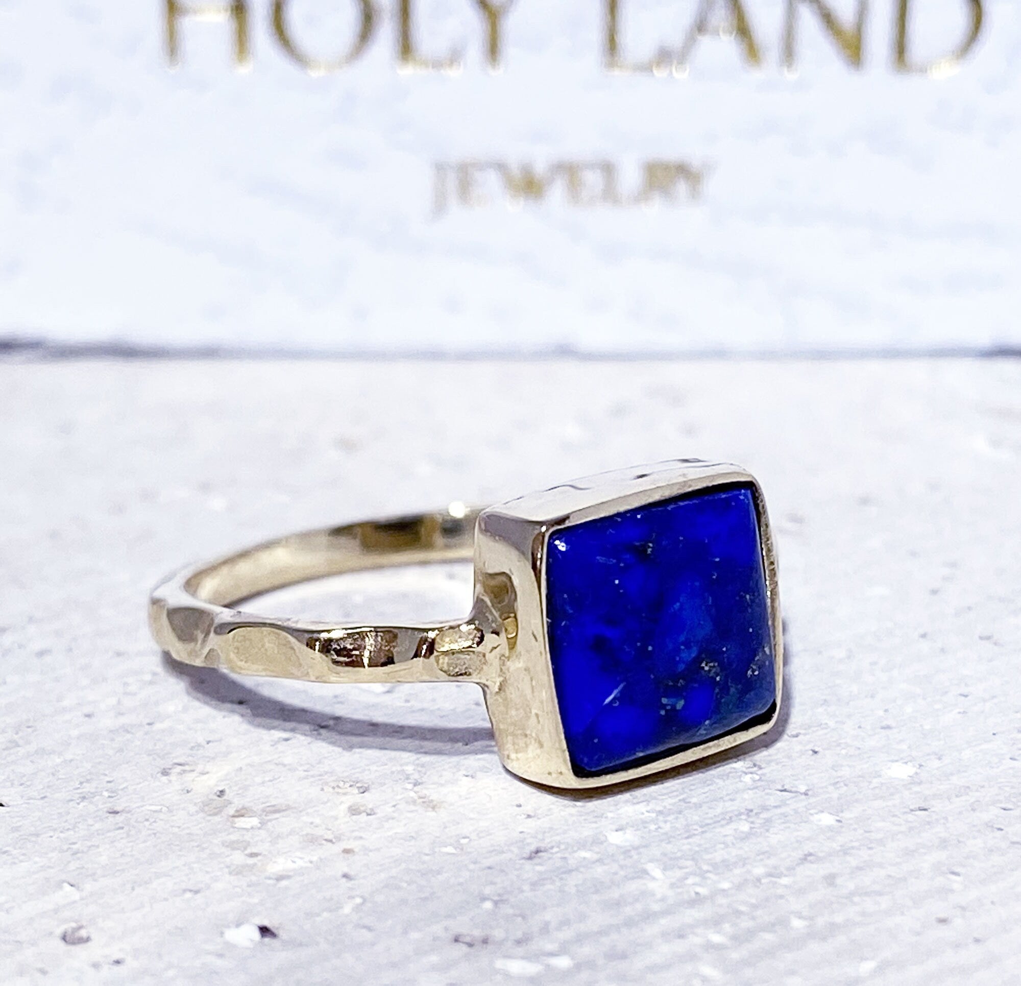 Lapis Lazuli Square Stone Simple Hammered Band Ring - H.L.Jewelry