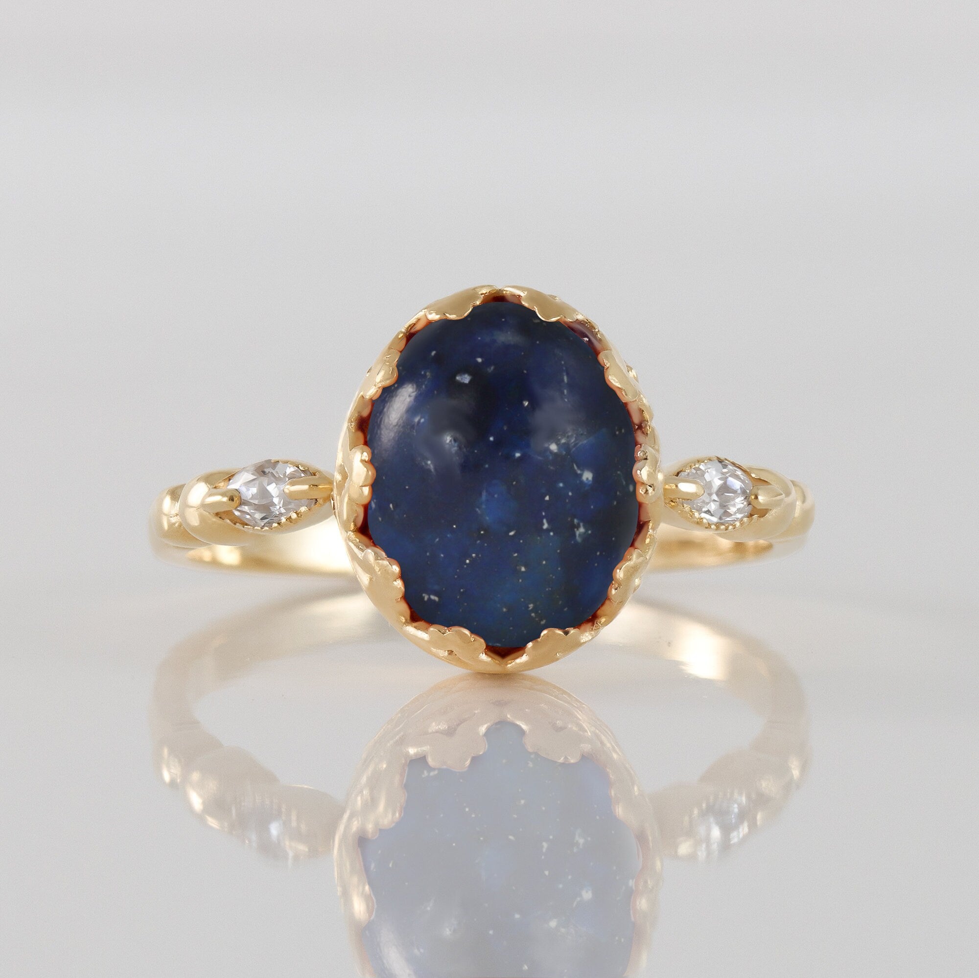 Lapis Lazuli Vintage Oval Crown Ring with Clear Quartz Accents - H.L.Jewelry