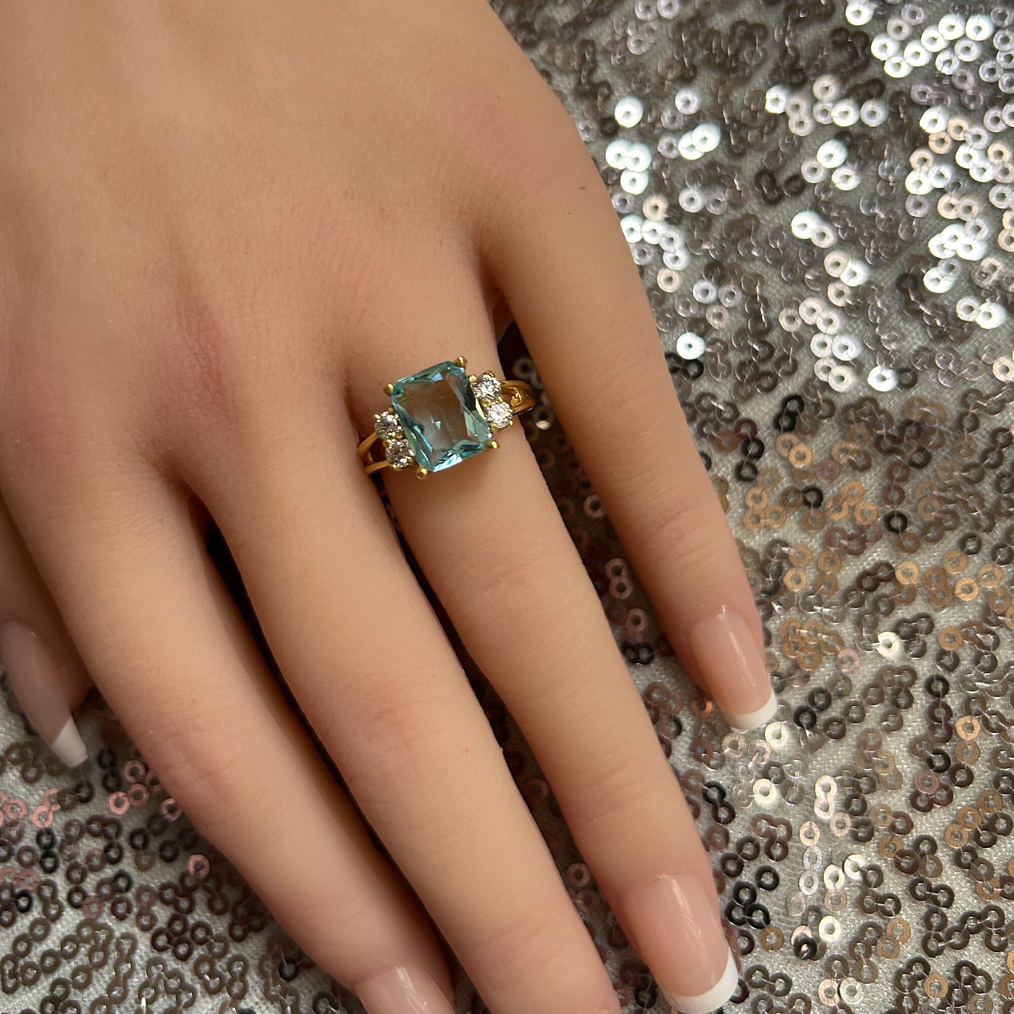 Octagon Aquamarine Double Band Ring with Clear Quartz Accents - H.L.Jewelry