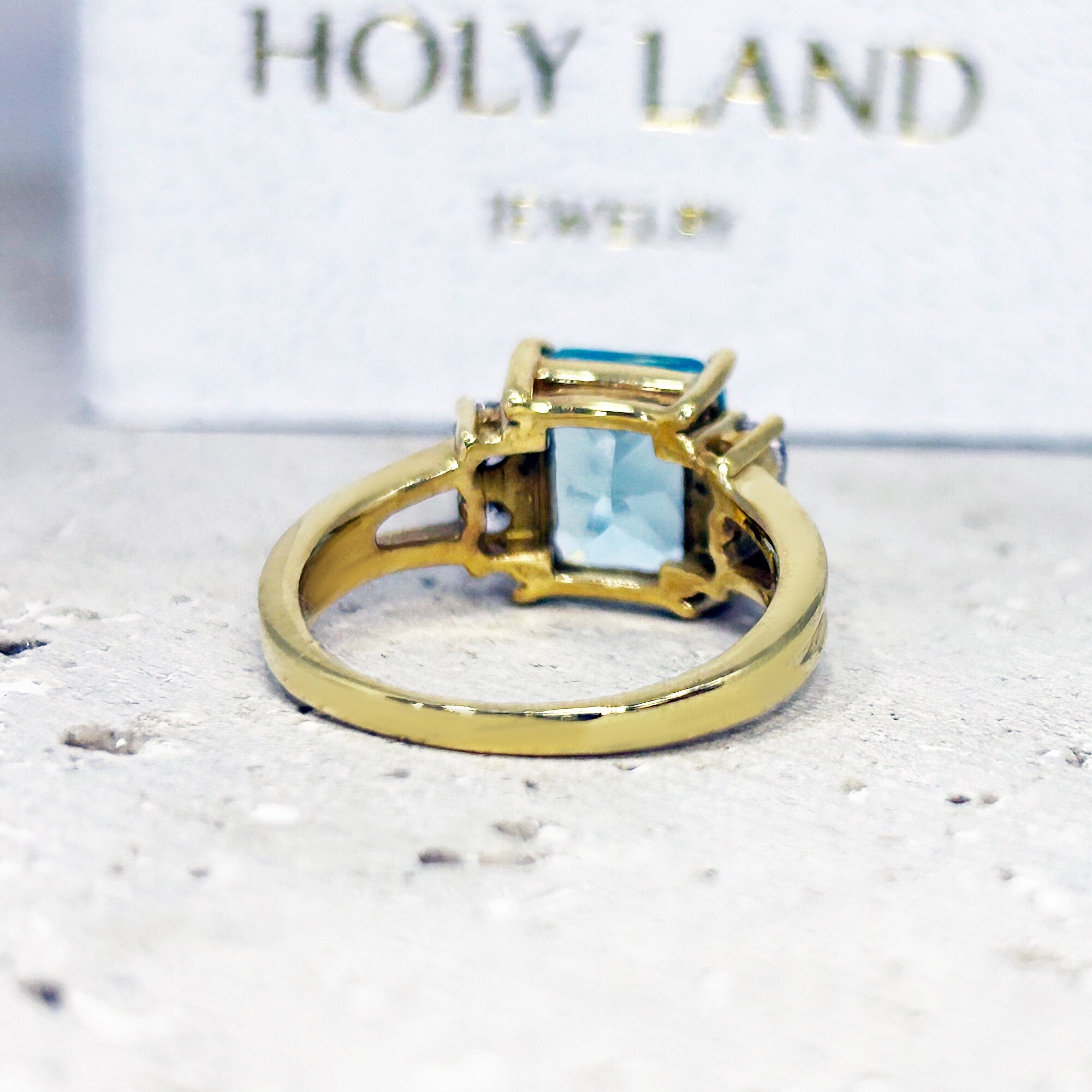 Octagon Aquamarine Double Band Ring with Clear Quartz Accents - H.L.Jewelry