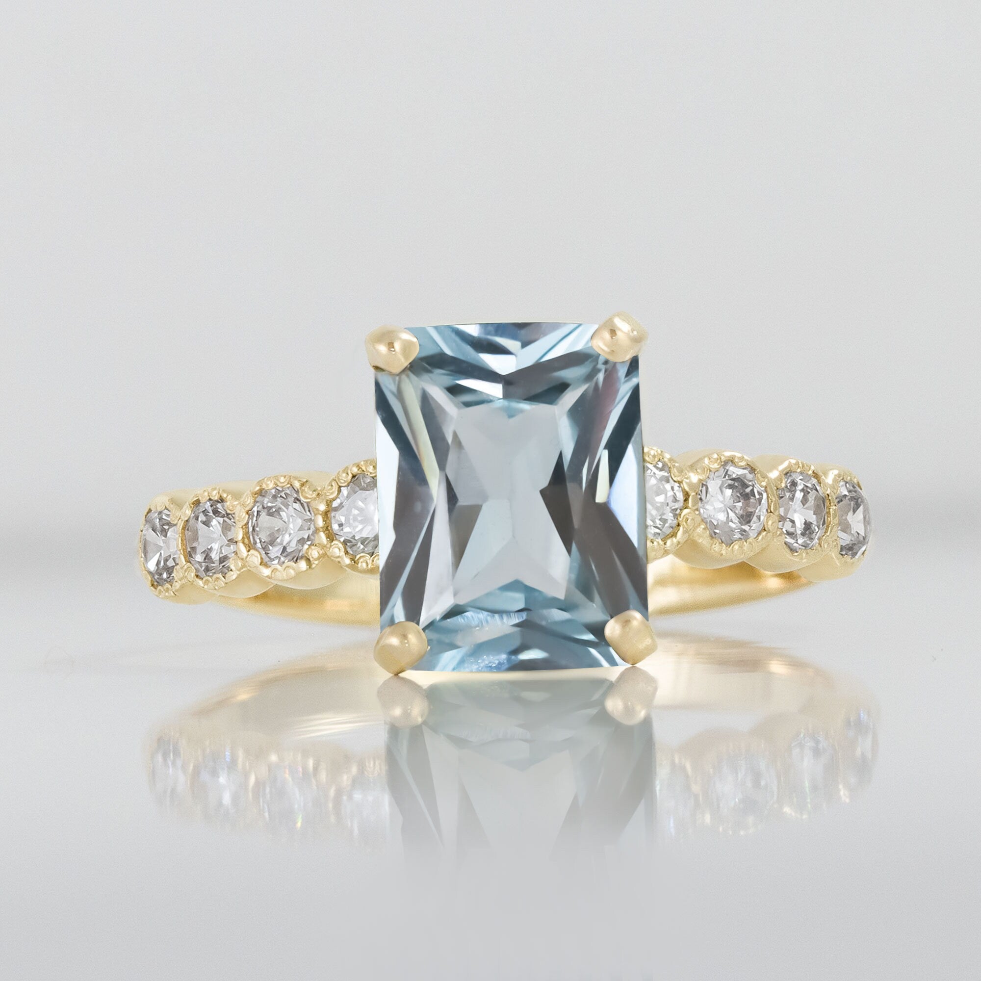 Octagon Aquamarine Engagement Ring with Clear Quartz Accents - H.L.Jewelry