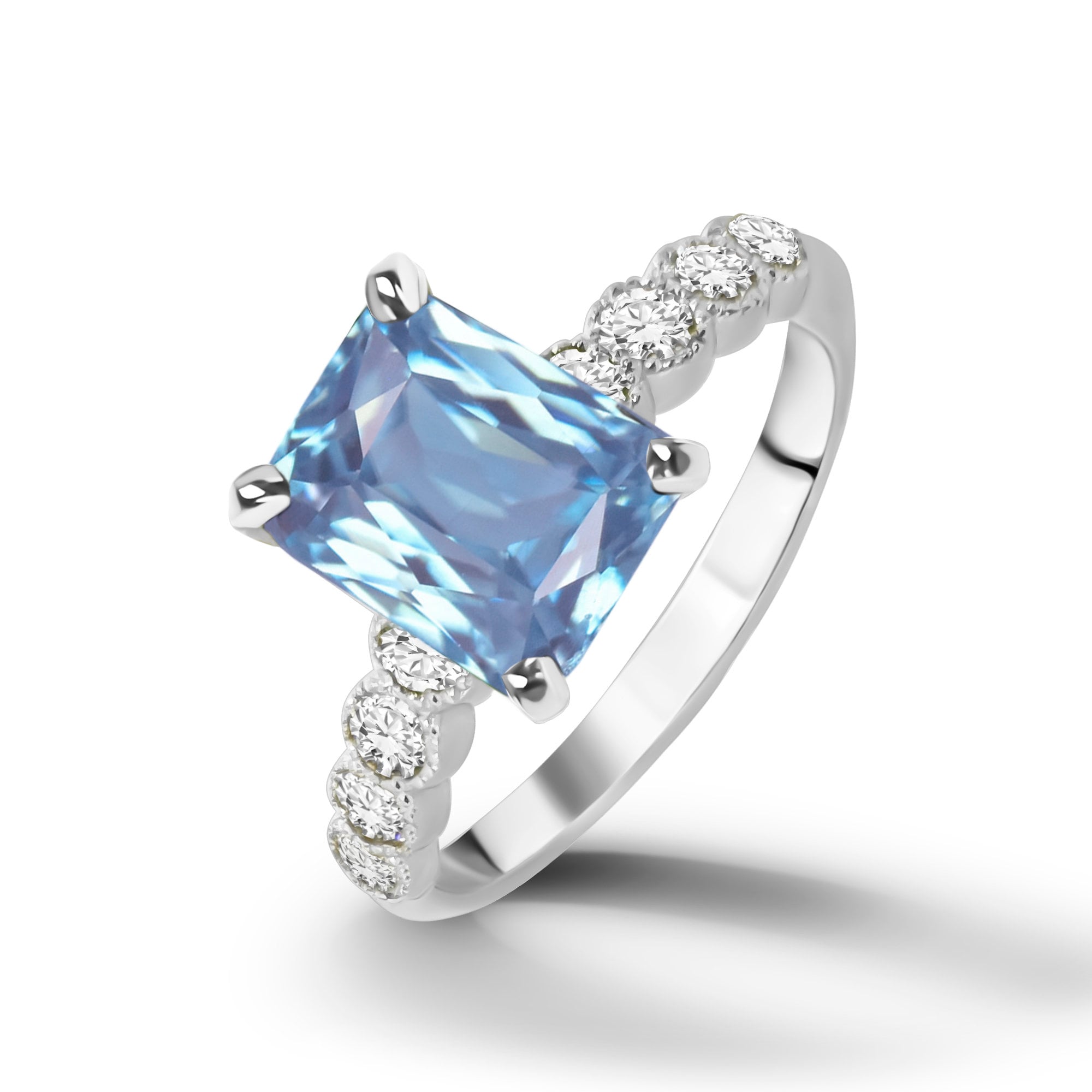 Octagon Aquamarine Engagement Ring with Clear Quartz Accents - H.L.Jewelry