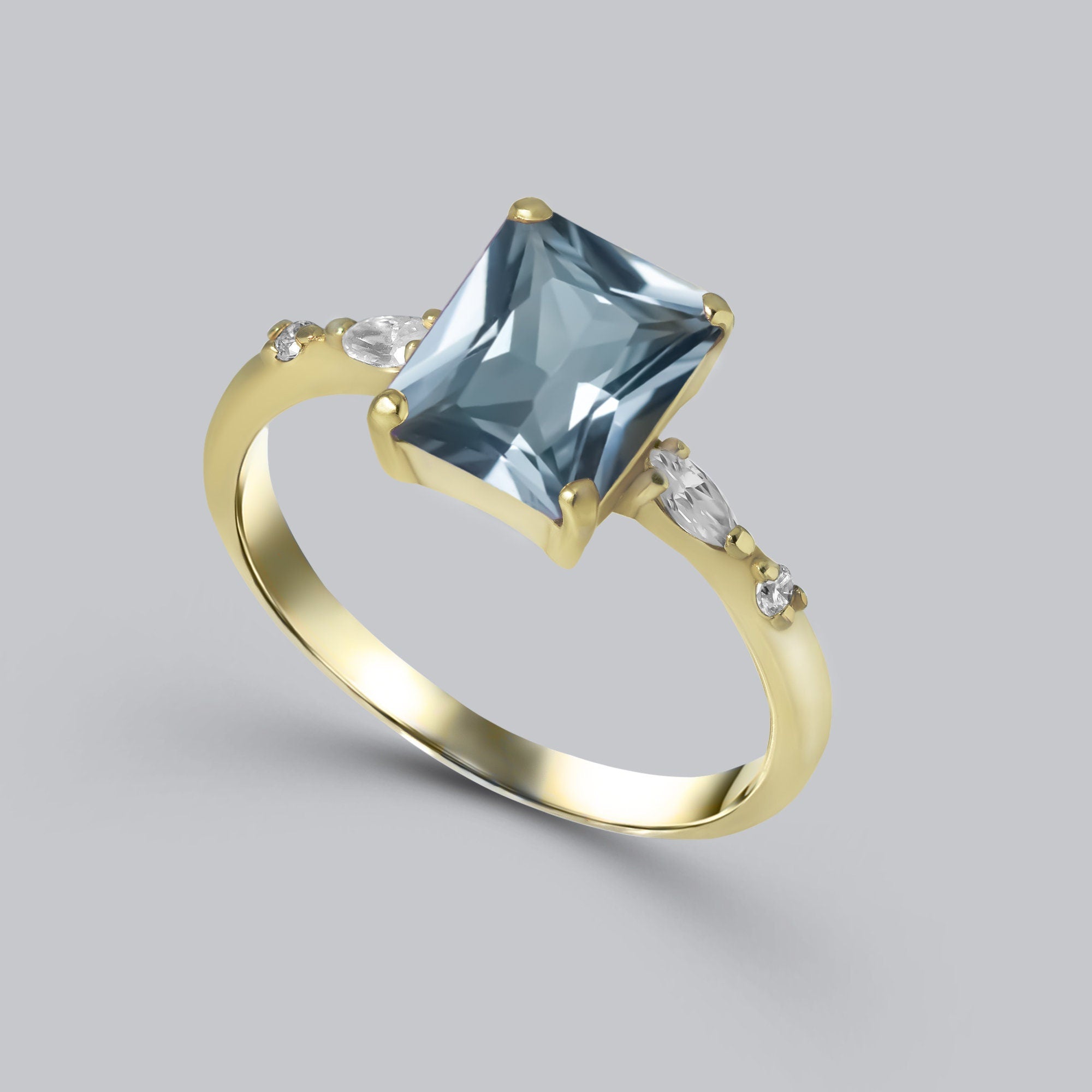 Octagon Aquamarine Ring with Marquise & Round Clear Quartz Accents - H.L.Jewelry