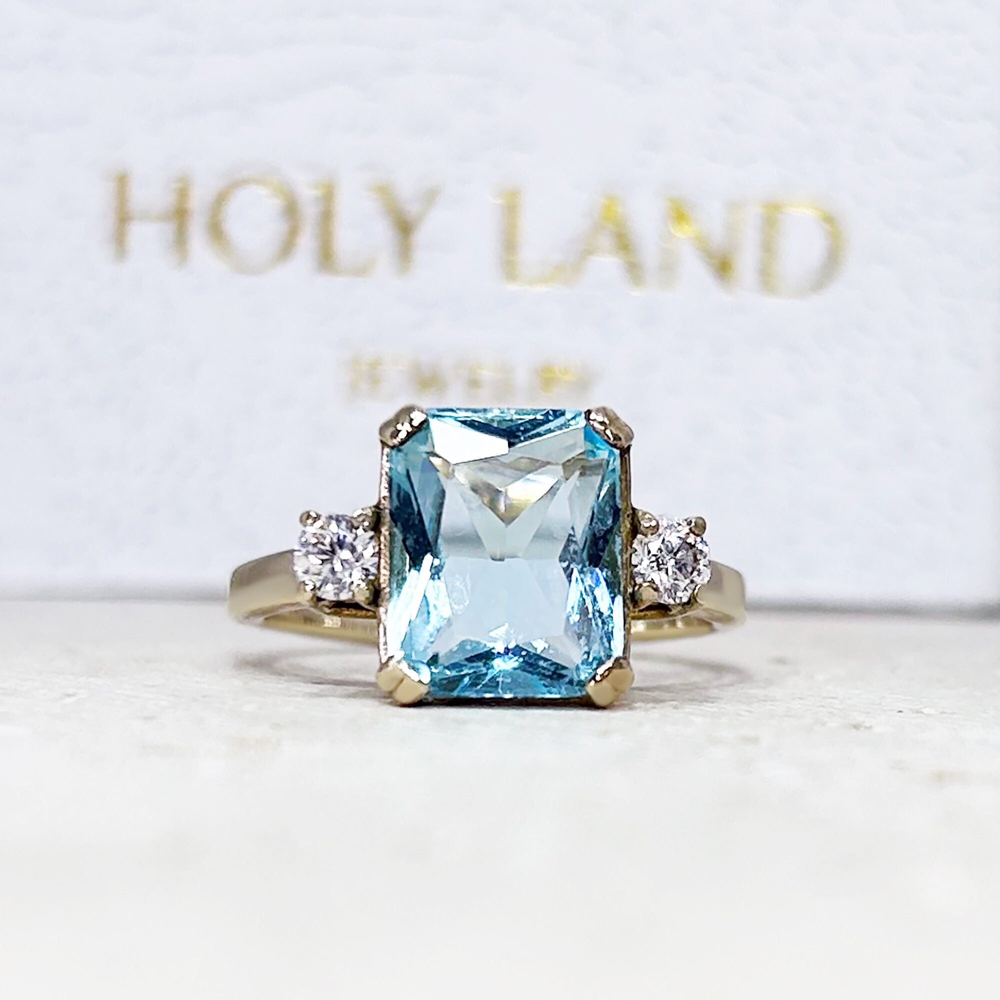 Octagon Aquamarine Statement Ring with Clear Quartz Accents - H.L.Jewelry