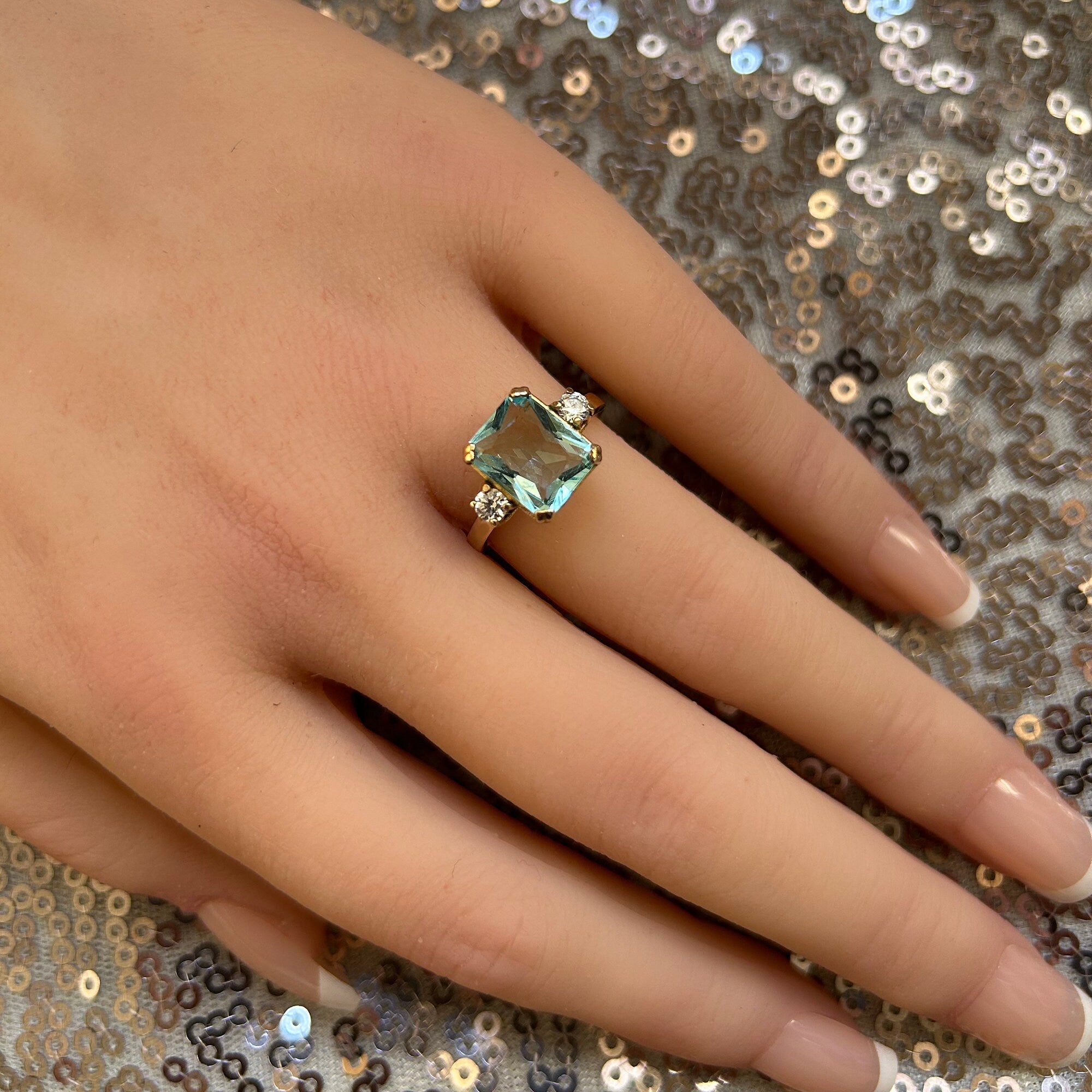 Octagon Aquamarine Statement Ring with Clear Quartz Accents - H.L.Jewelry