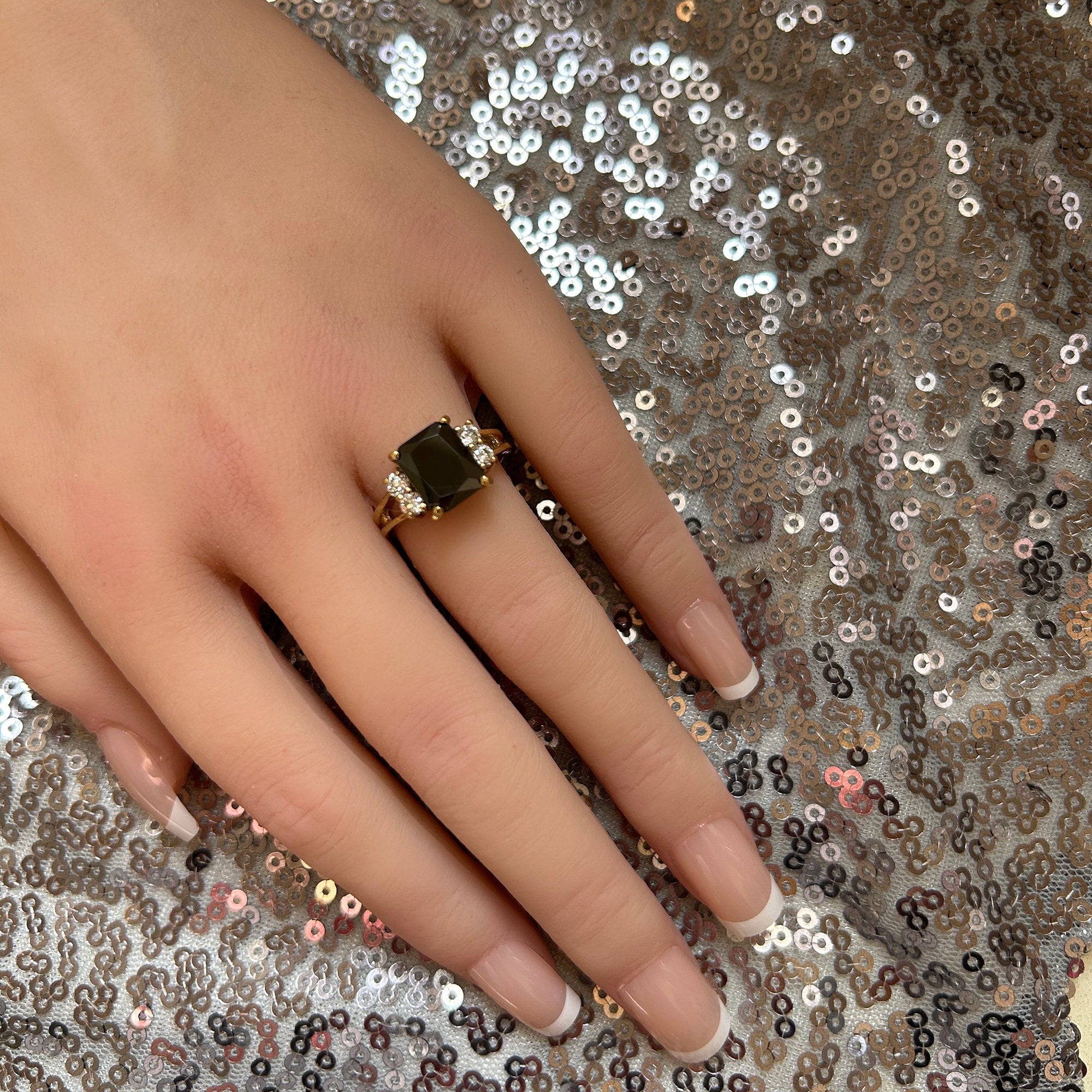 Octagon Black Onyx Double Band Ring with Clear Quartz Accents - H.L.Jewelry