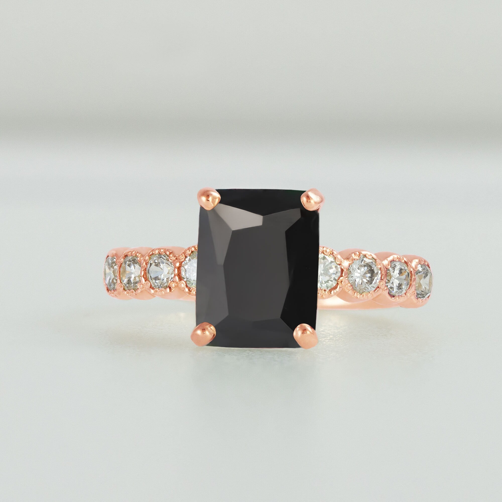 Octagon Black Onyx Engagement Ring with Clear Quartz Accents - H.L.Jewelry