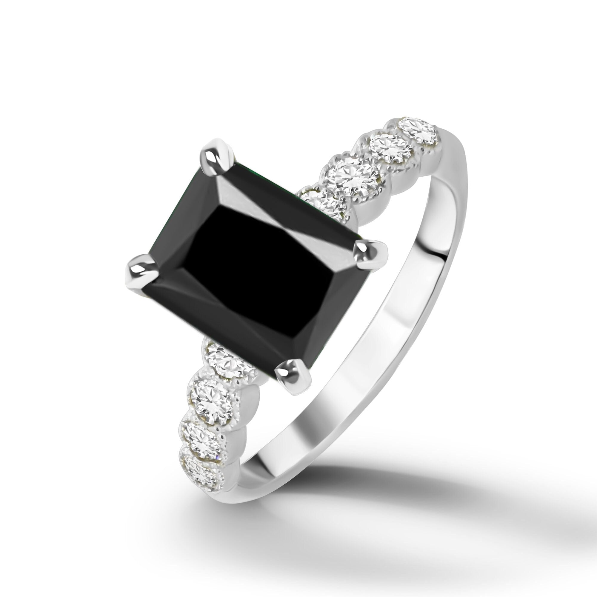Octagon Black Onyx Engagement Ring with Clear Quartz Accents - H.L.Jewelry