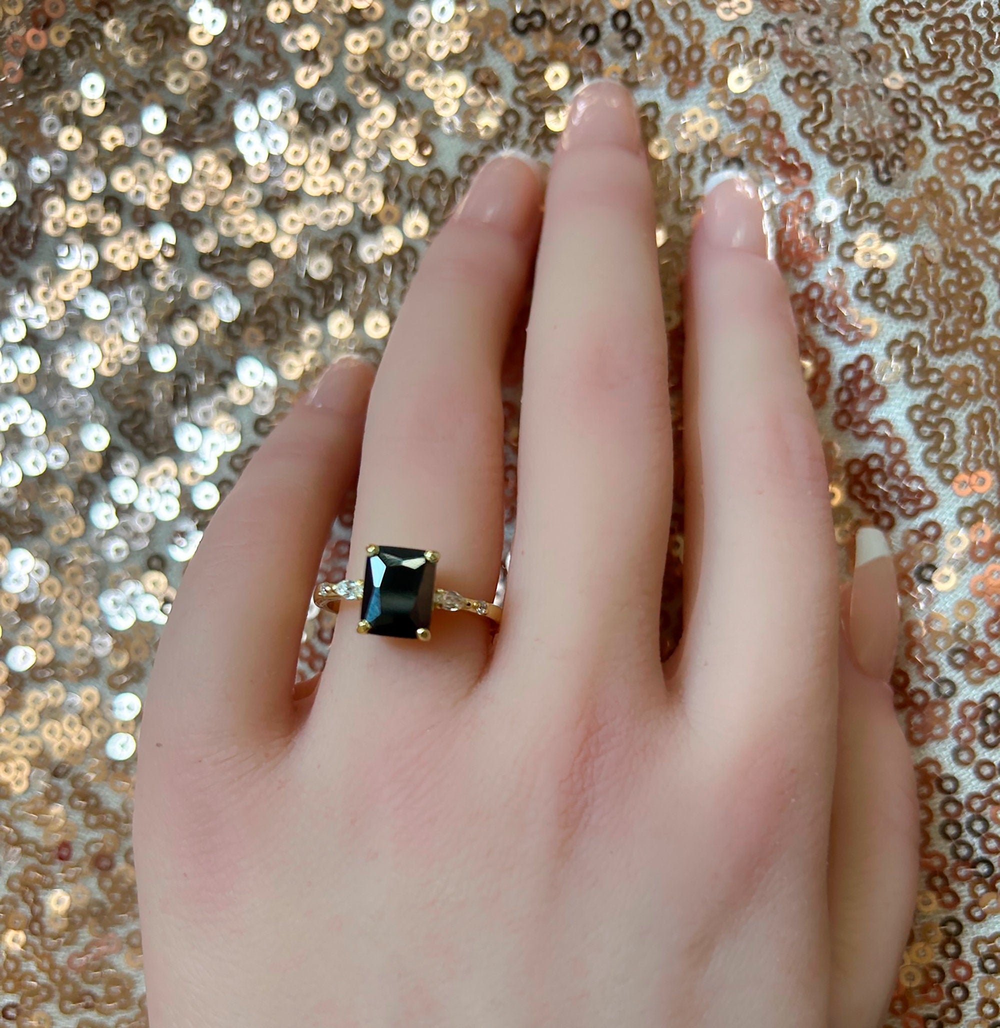 Octagon Black Onyx Ring with Clear Quartz Accents - H.L.Jewelry