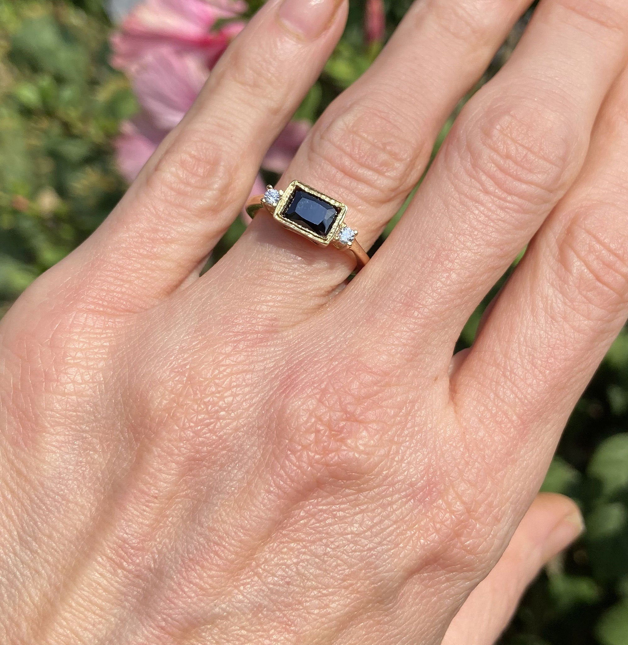 Octagon Black Onyx Simple Ring with Clear Quartz Accents - H.L.Jewelry