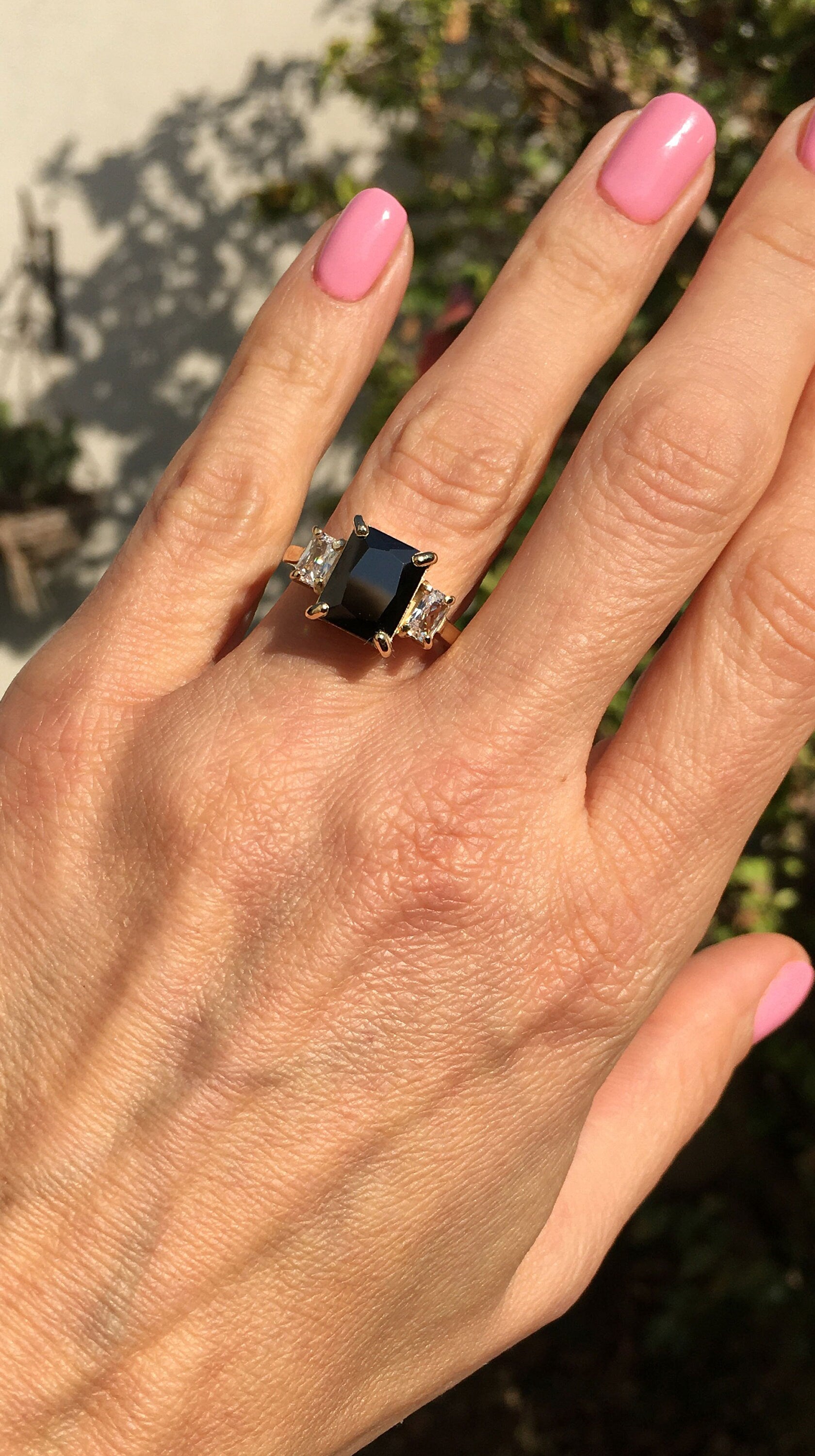 Octagon Black Onyx Statement Ring with Clear Quartz Accents - H.L.Jewelry