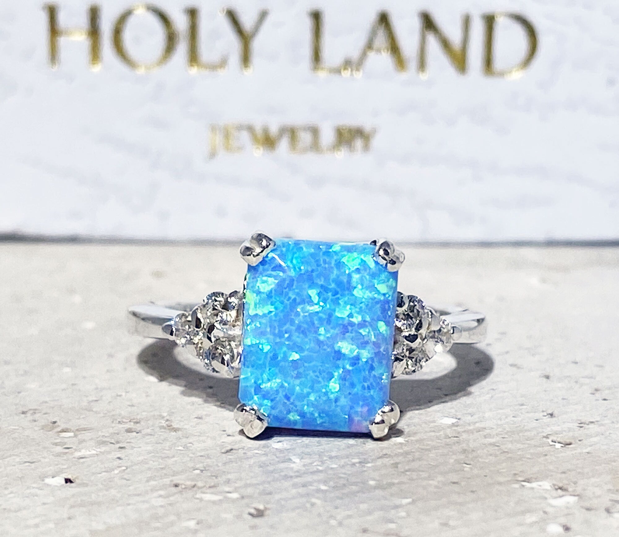 Octagon Blue Opal Engagement Ring with Clear Quartz Accents - H.L.Jewelry