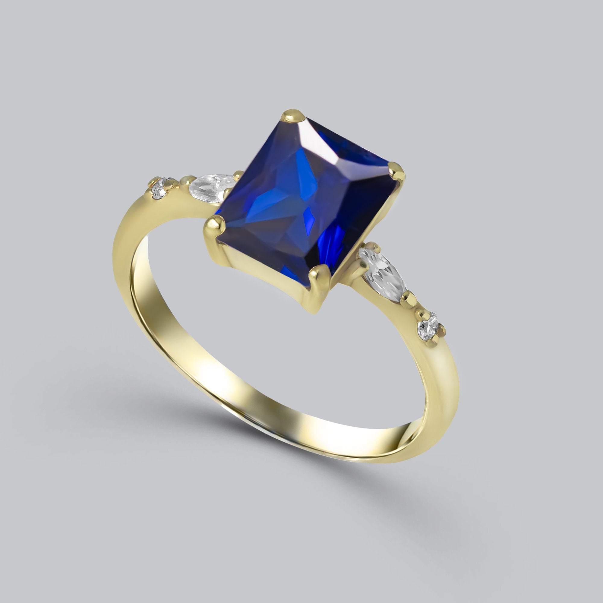 Octagon Blue Sapphire Gemstone Ring with Clear Quartz Accents - H.L.Jewelry