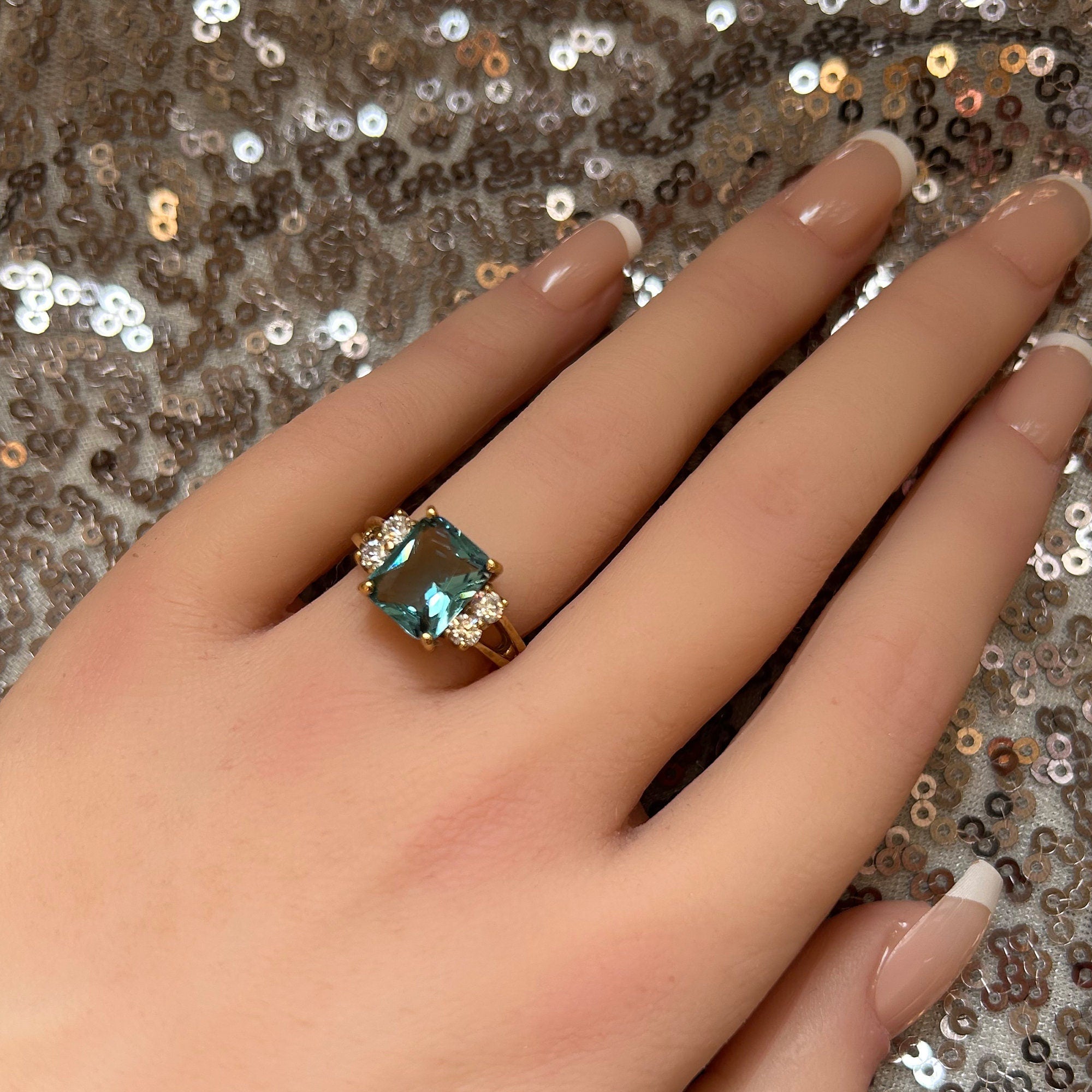 Octagon Blue Topaz Double Band Ring with Clear Quartz Accents - H.L.Jewelry