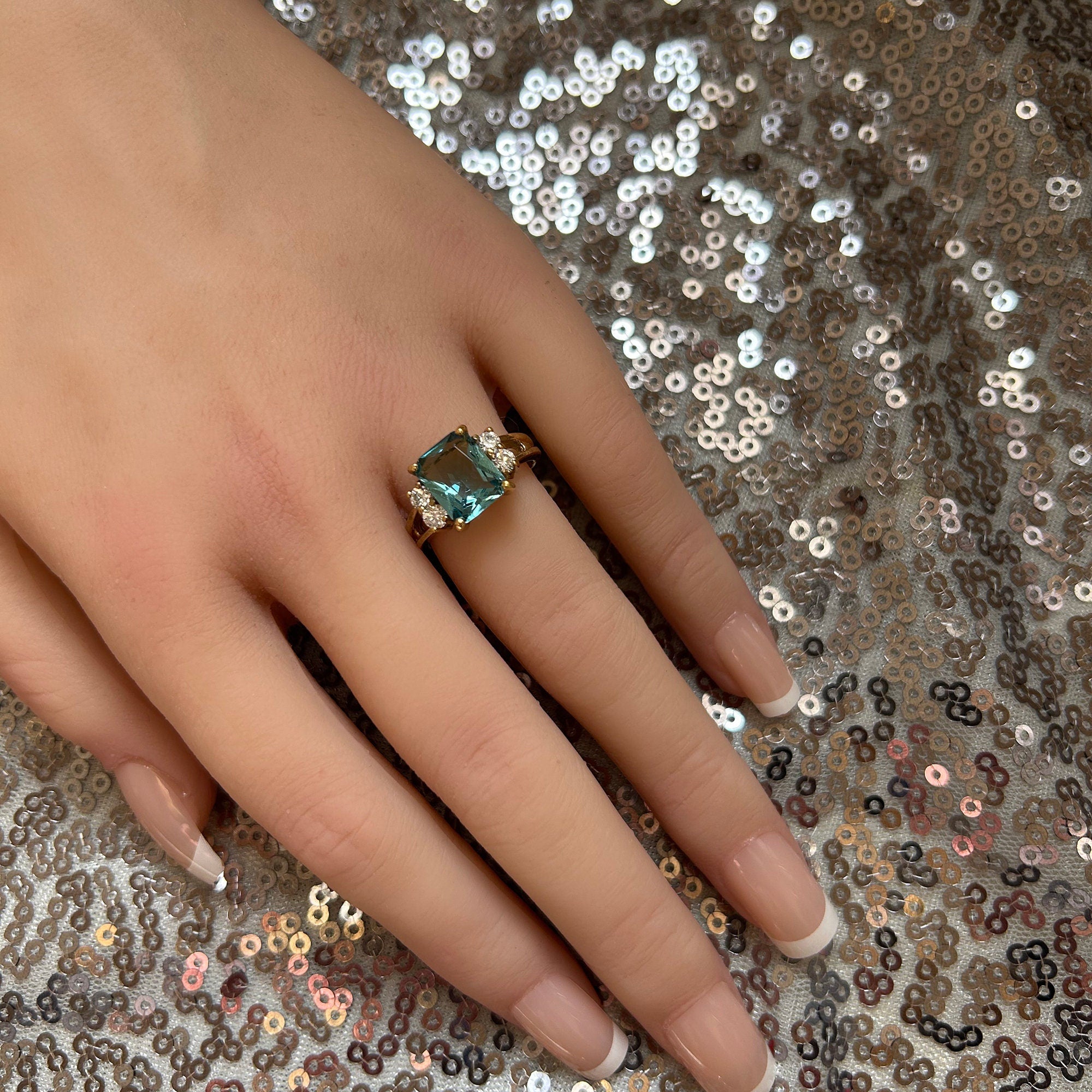 Octagon Blue Topaz Double Band Ring with Clear Quartz Accents - H.L.Jewelry