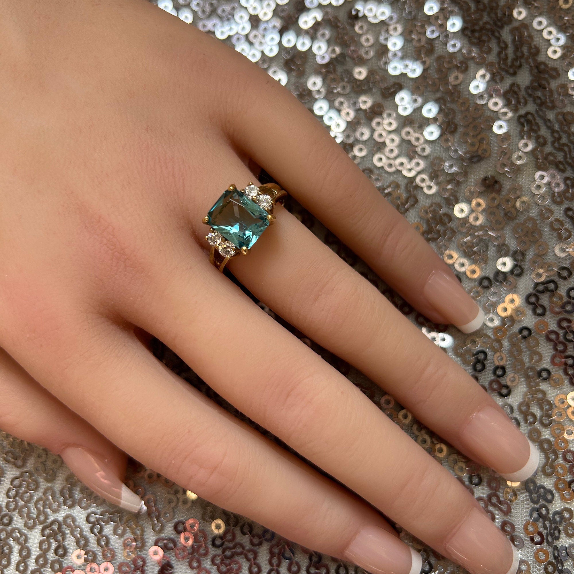 Octagon Blue Topaz Double Band Ring with Clear Quartz Accents - H.L.Jewelry
