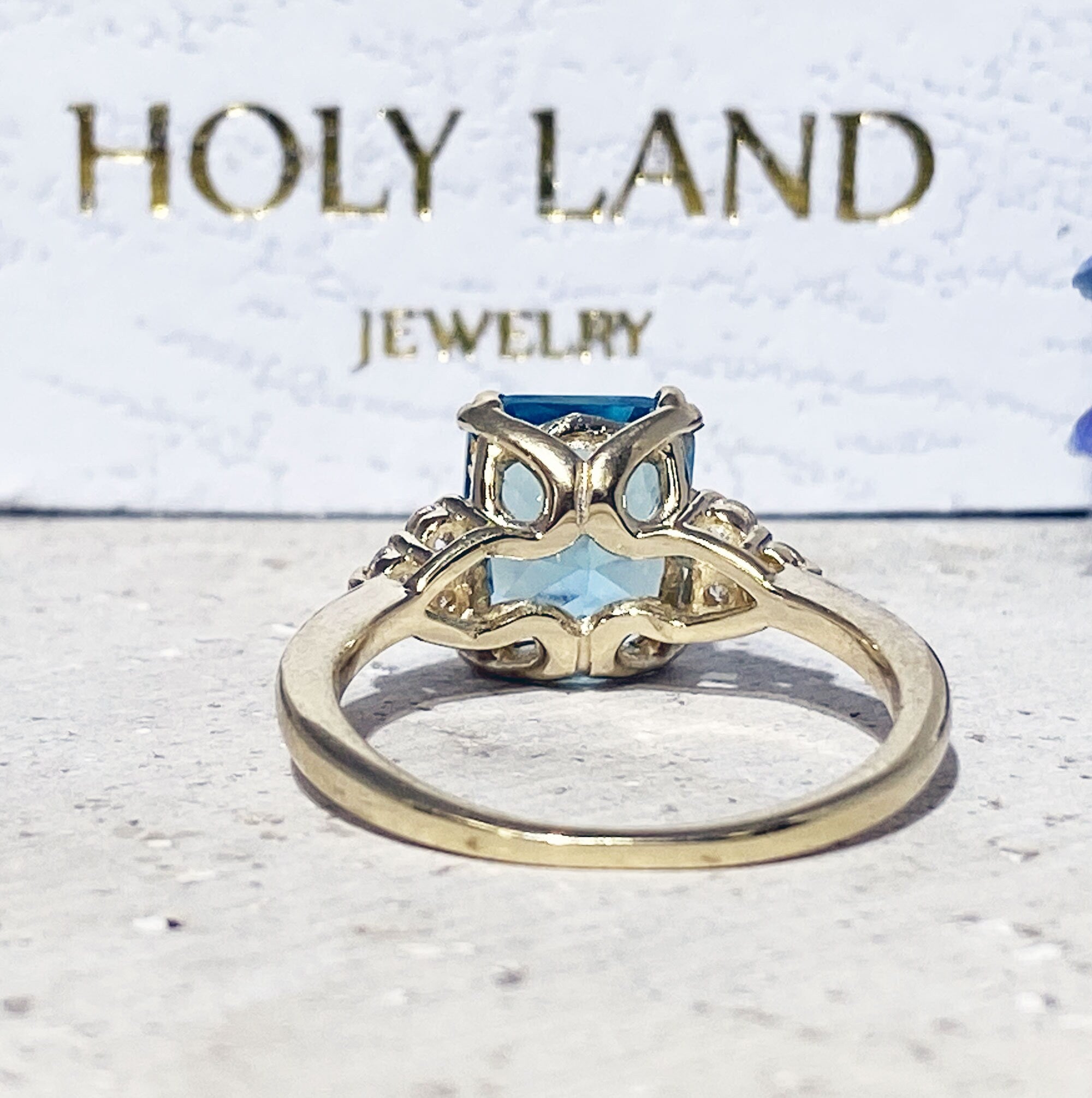 Octagon Blue Topaz Engagement Ring with Clear Quartz Accents - H.L.Jewelry