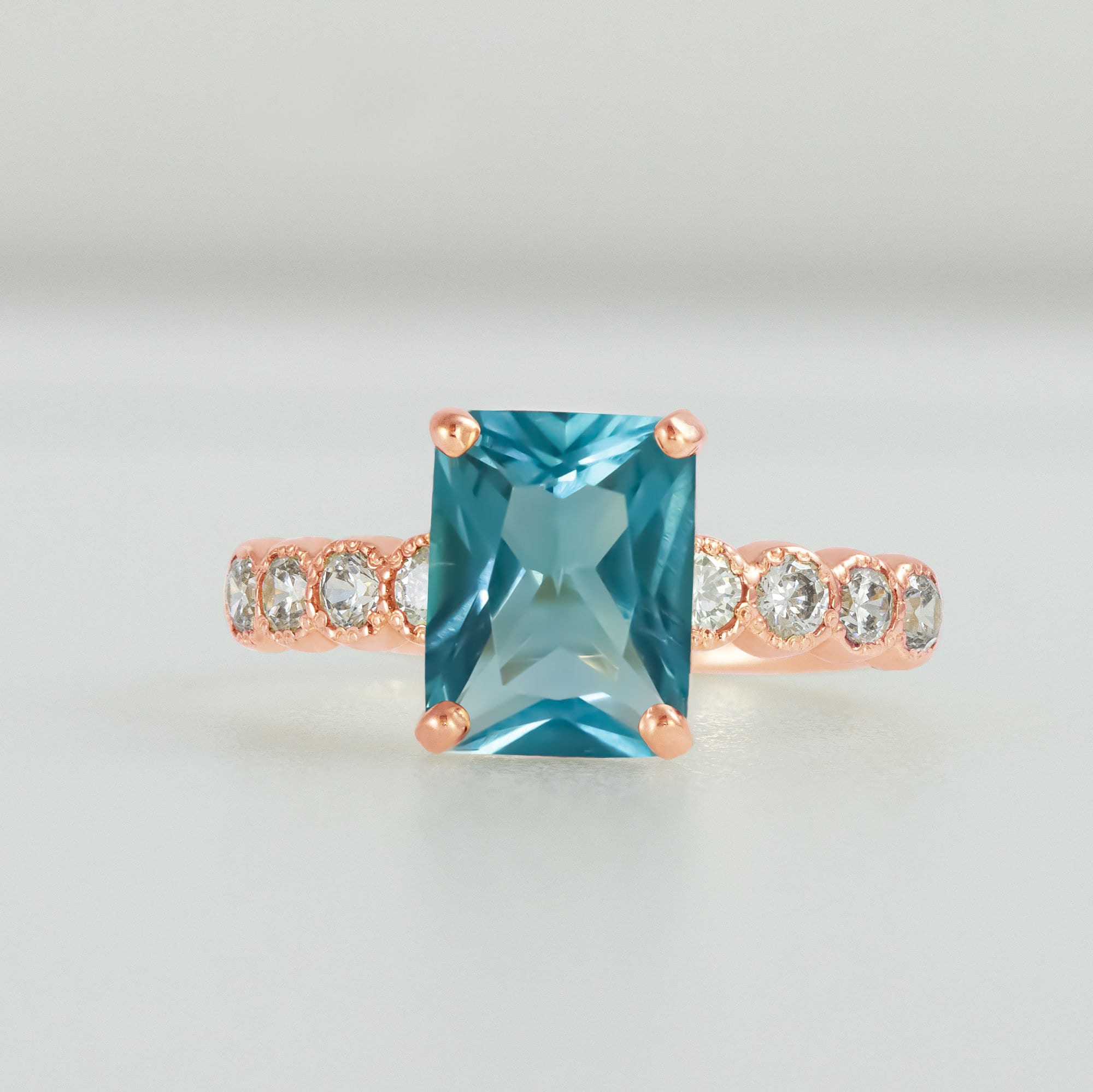 Octagon Blue Topaz Engagement Ring with Clear Quartz Accents - H.L.Jewelry