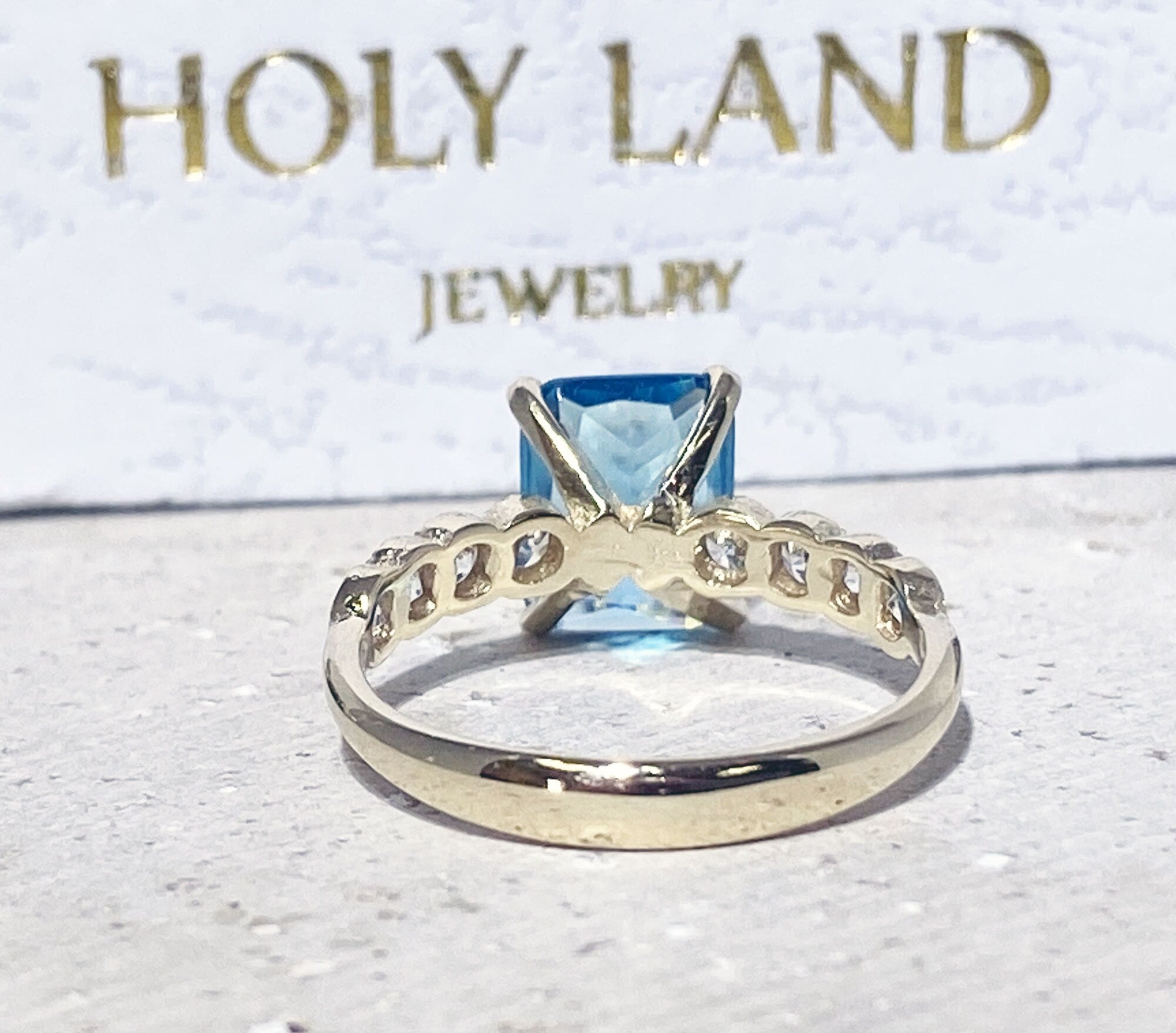 Octagon Blue Topaz Engagement Ring with Clear Quartz Accents - H.L.Jewelry