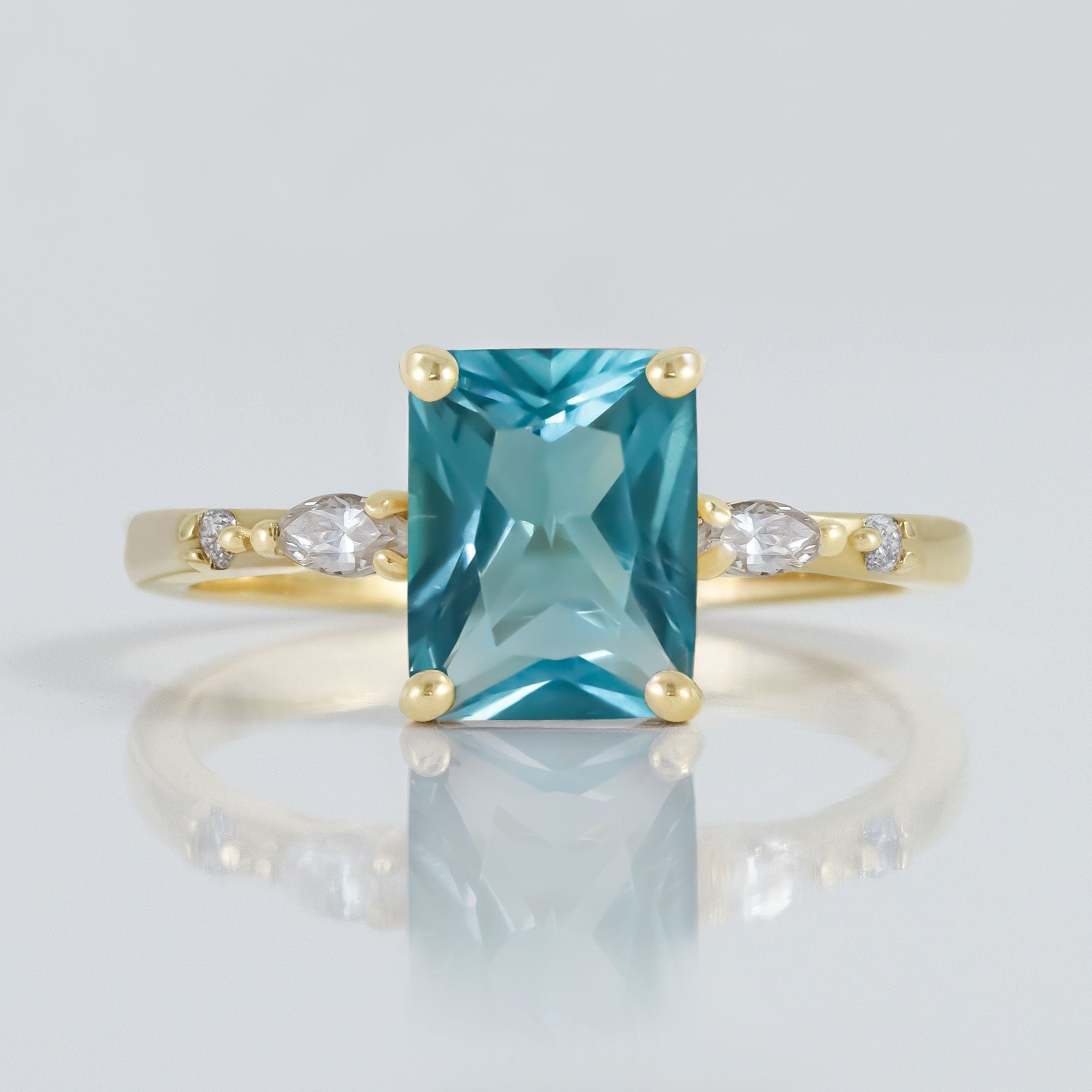 Octagon Blue Topaz Gemstone Ring with Clear Quartz Accents - H.L.Jewelry