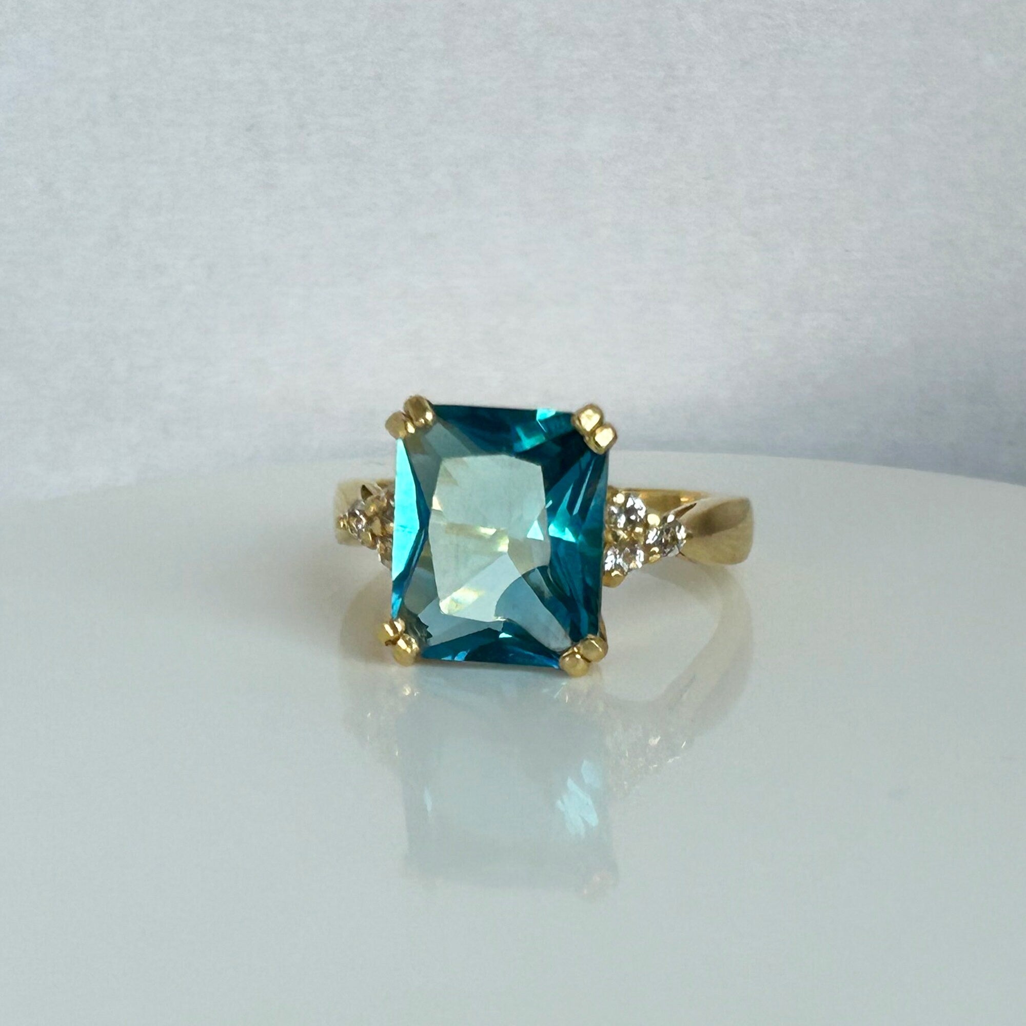 Octagon Blue Topaz Statement Engagement Ring with Clear Quartz Accents - H.L.Jewelry