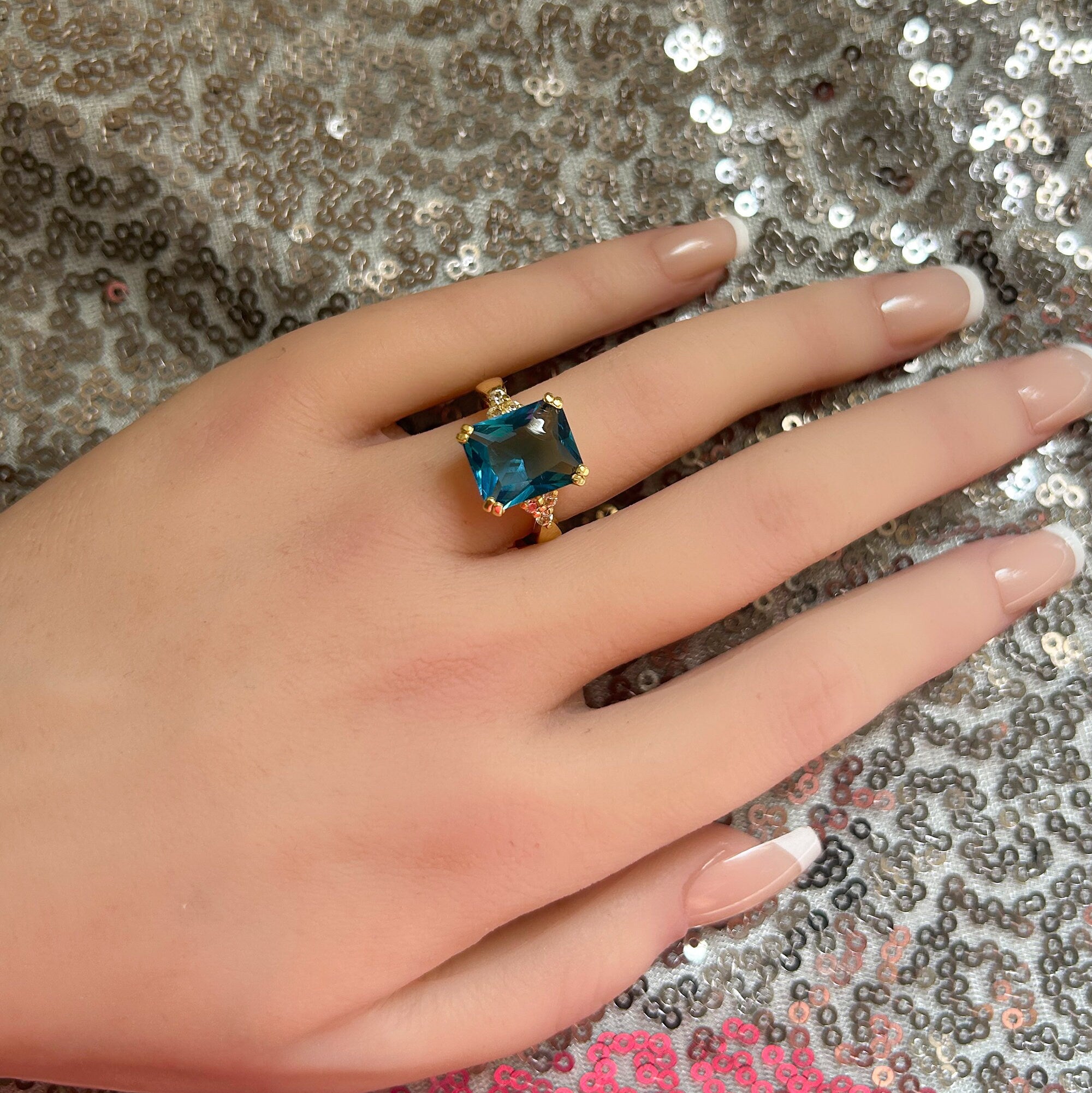 Octagon Blue Topaz Statement Engagement Ring with Clear Quartz Accents - H.L.Jewelry