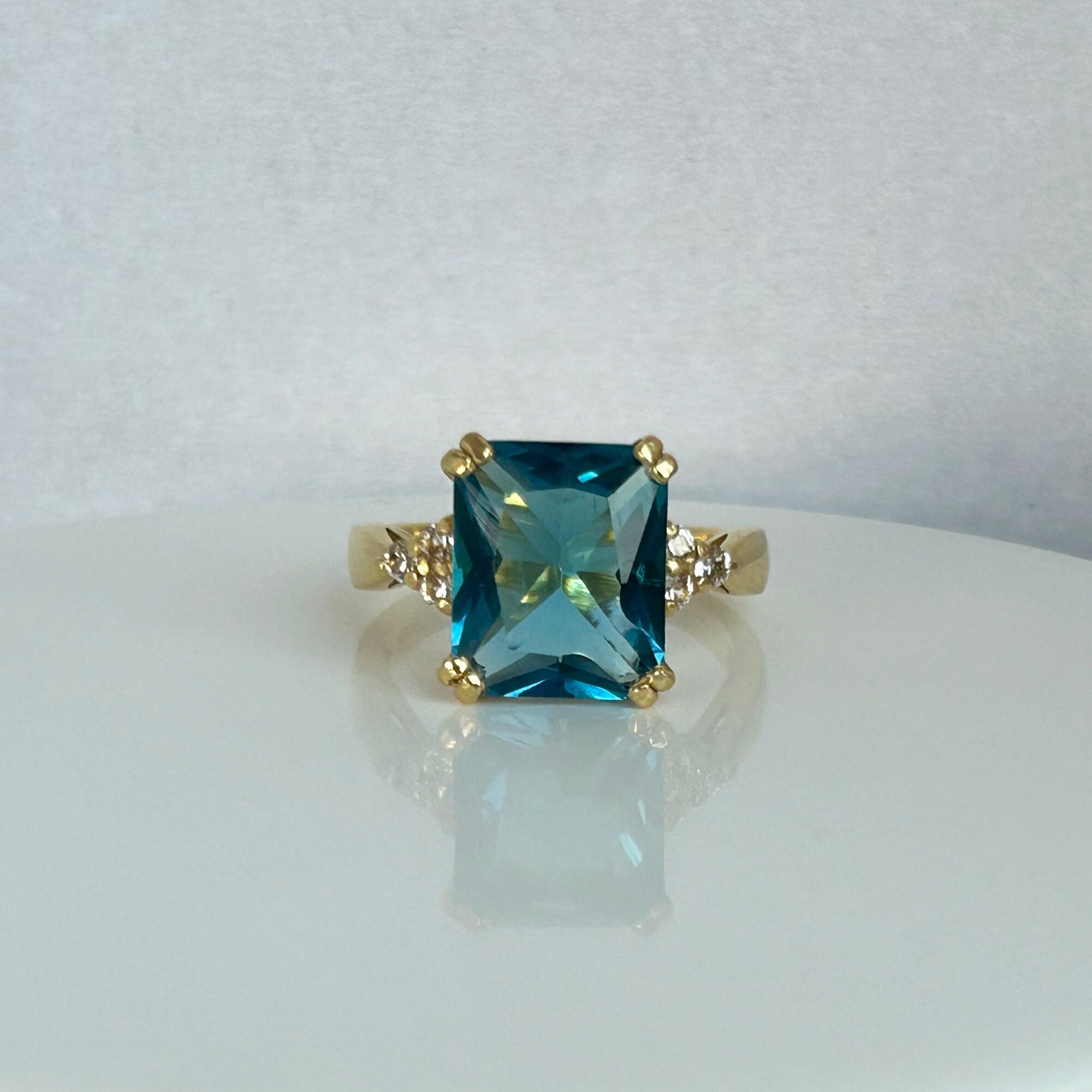 Octagon Blue Topaz Statement Engagement Ring with Clear Quartz Accents - H.L.Jewelry