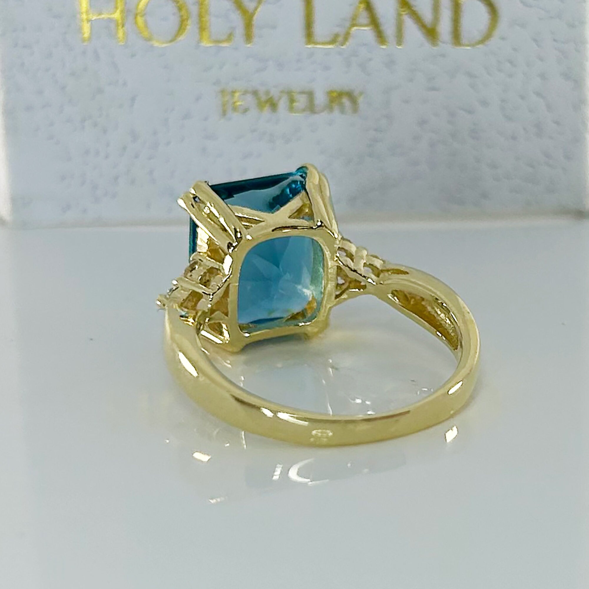 Octagon Blue Topaz Statement Engagement Ring with Clear Quartz Accents - H.L.Jewelry