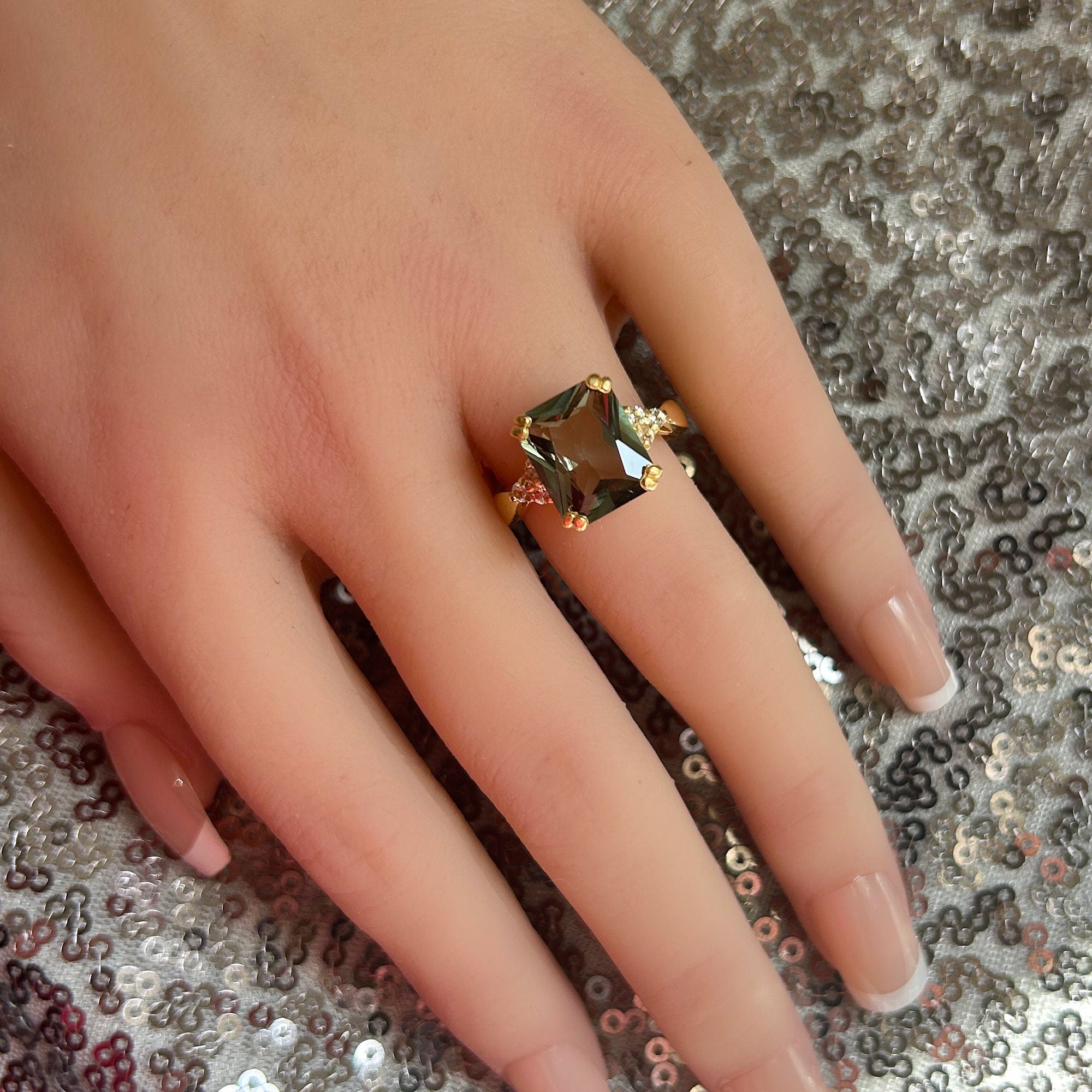 Octagon Green Tourmaline Statement Ring with Clear Quartz Accents - H.L.Jewelry