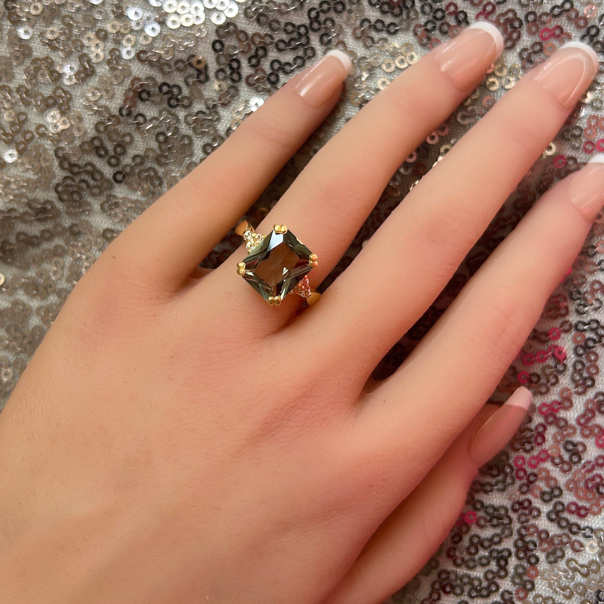 Octagon Green Tourmaline Statement Ring with Clear Quartz Accents - H.L.Jewelry