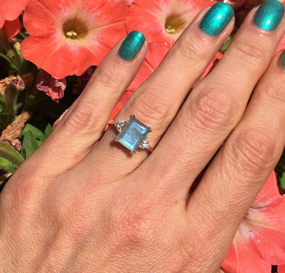 Octagon Labradorite Engagement Ring with Clear Quartz Accents - H.L.Jewelry