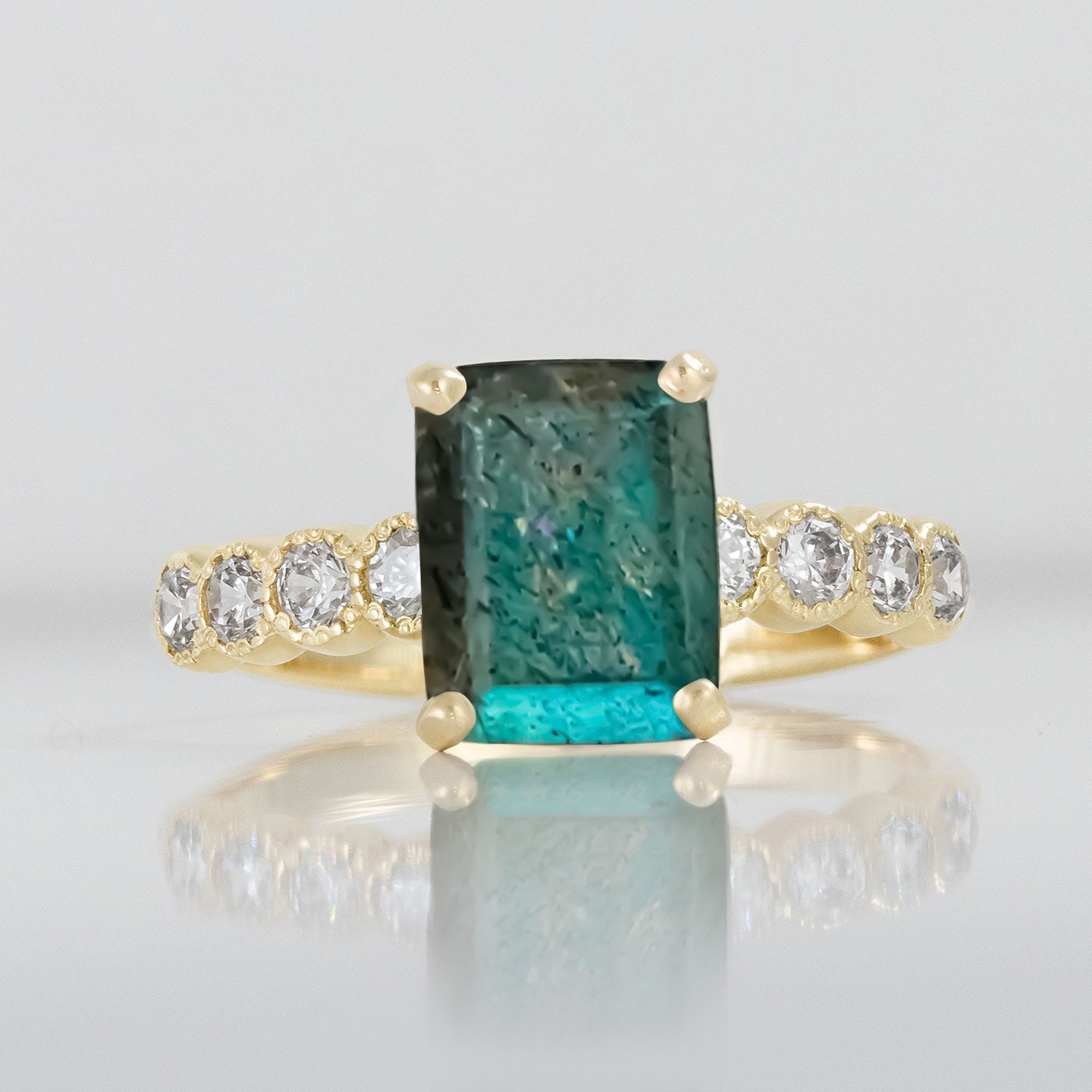 Octagon Labradorite Engagement Ring with Clear Quartz Accents - H.L.Jewelry