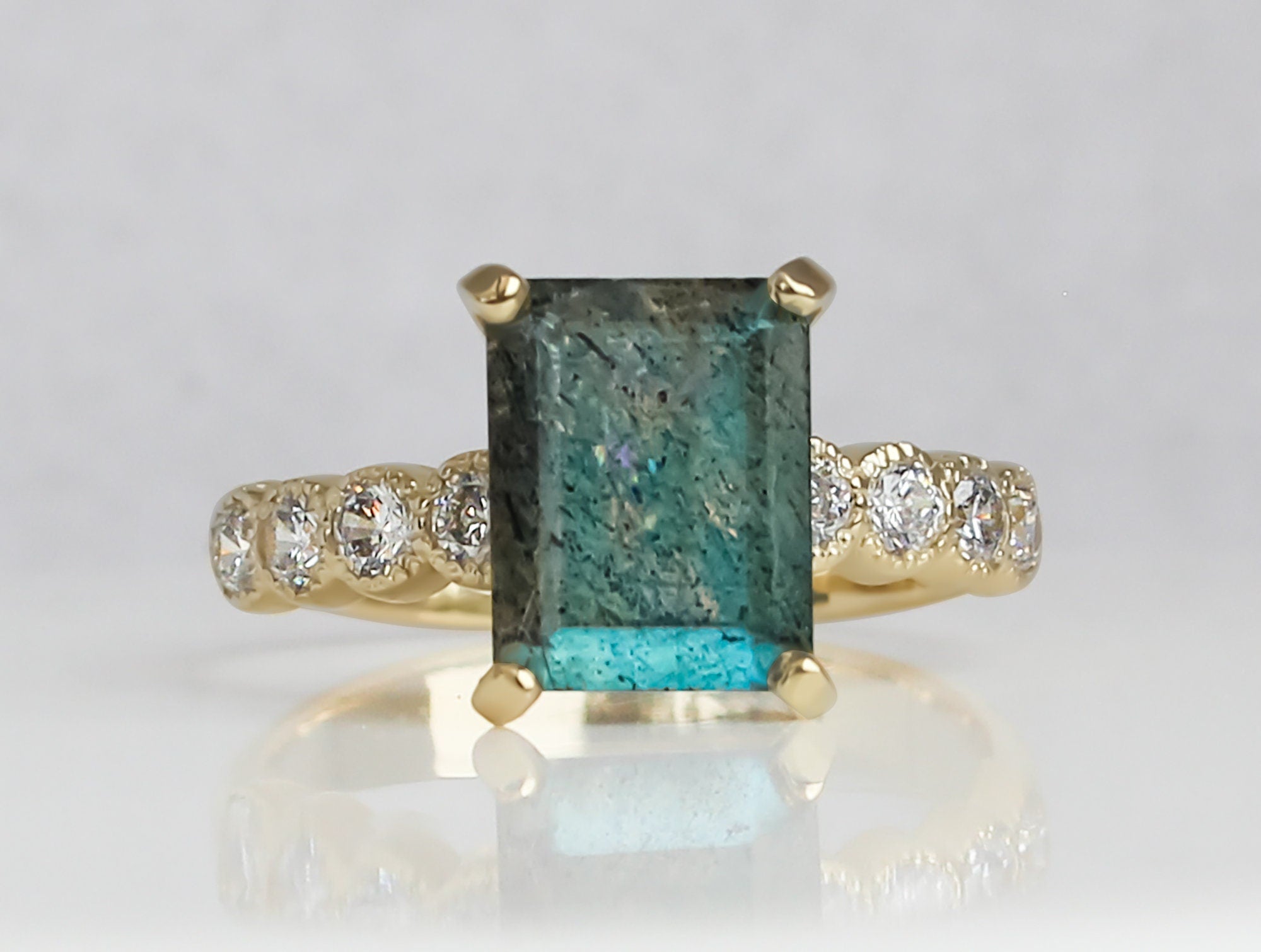 Octagon Labradorite Engagement Ring with Clear Quartz Accents - H.L.Jewelry