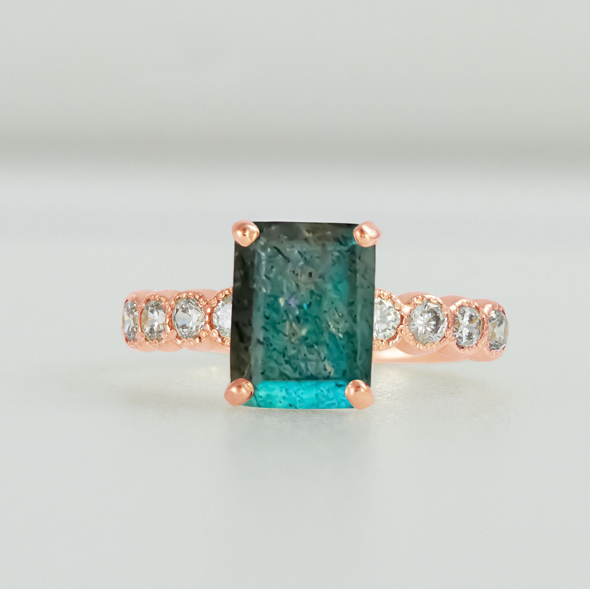 Octagon Labradorite Engagement Ring with Clear Quartz Accents - H.L.Jewelry