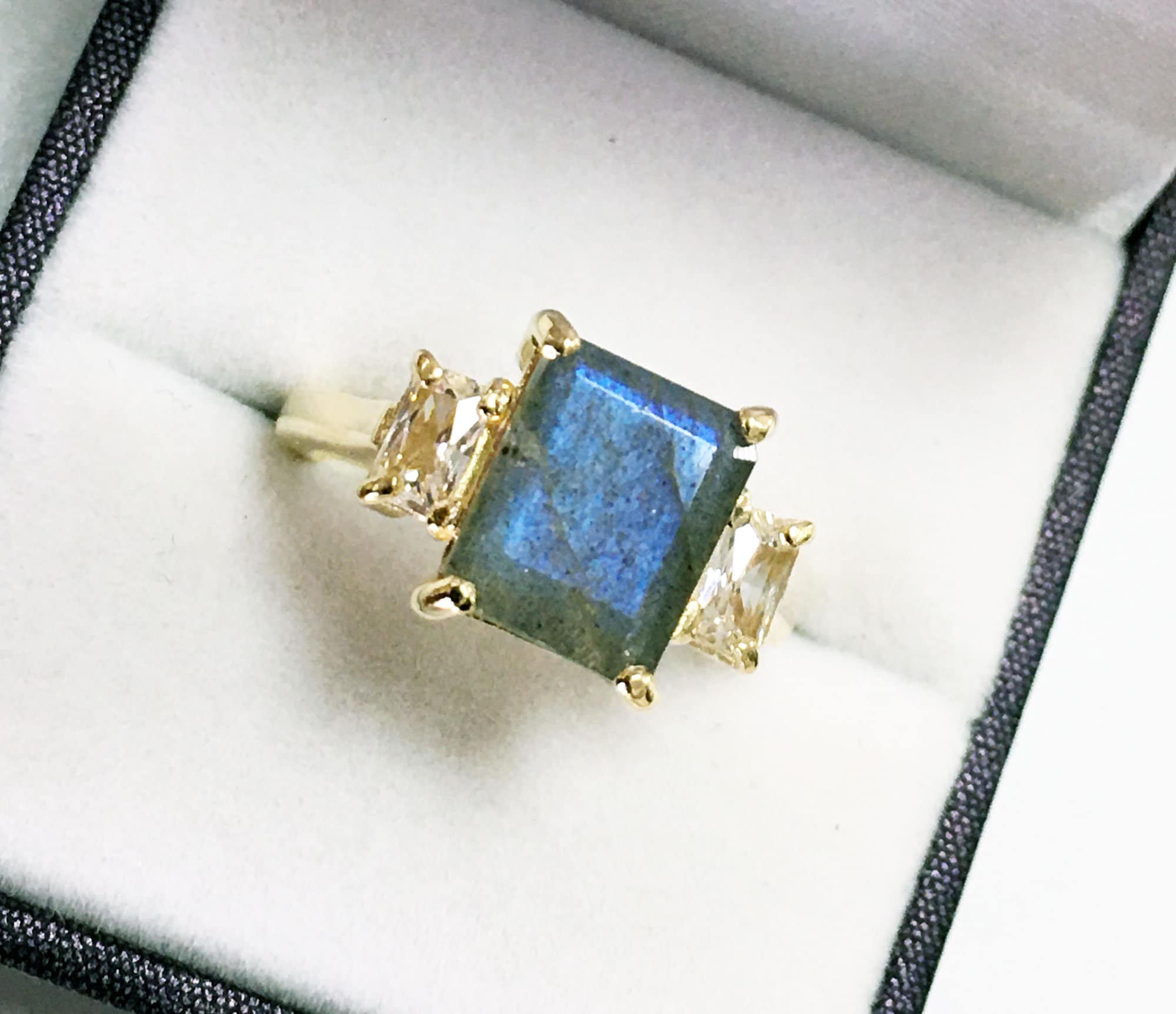 Octagon Labradorite Statement Ring with Clear Quartz Accents - H.L.Jewelry