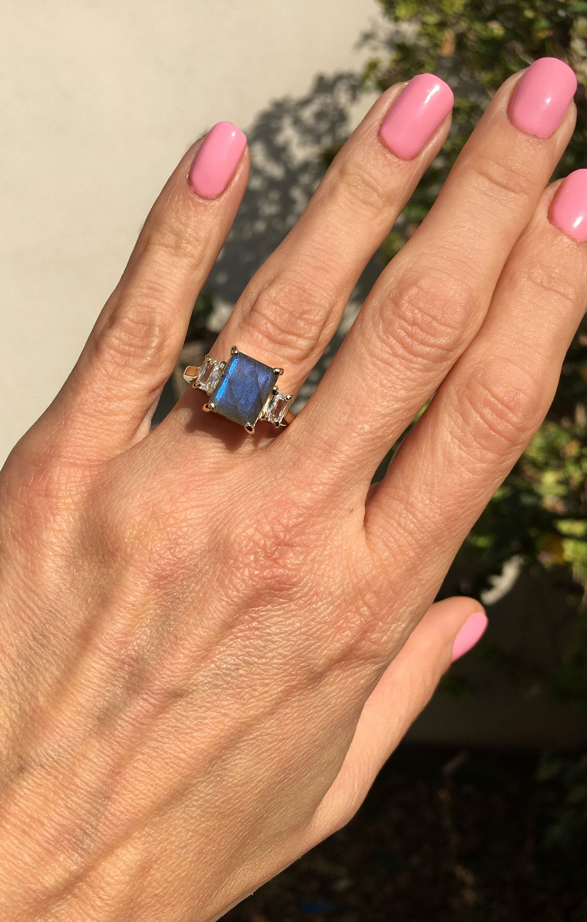 Octagon Labradorite Statement Ring with Clear Quartz Accents - H.L.Jewelry