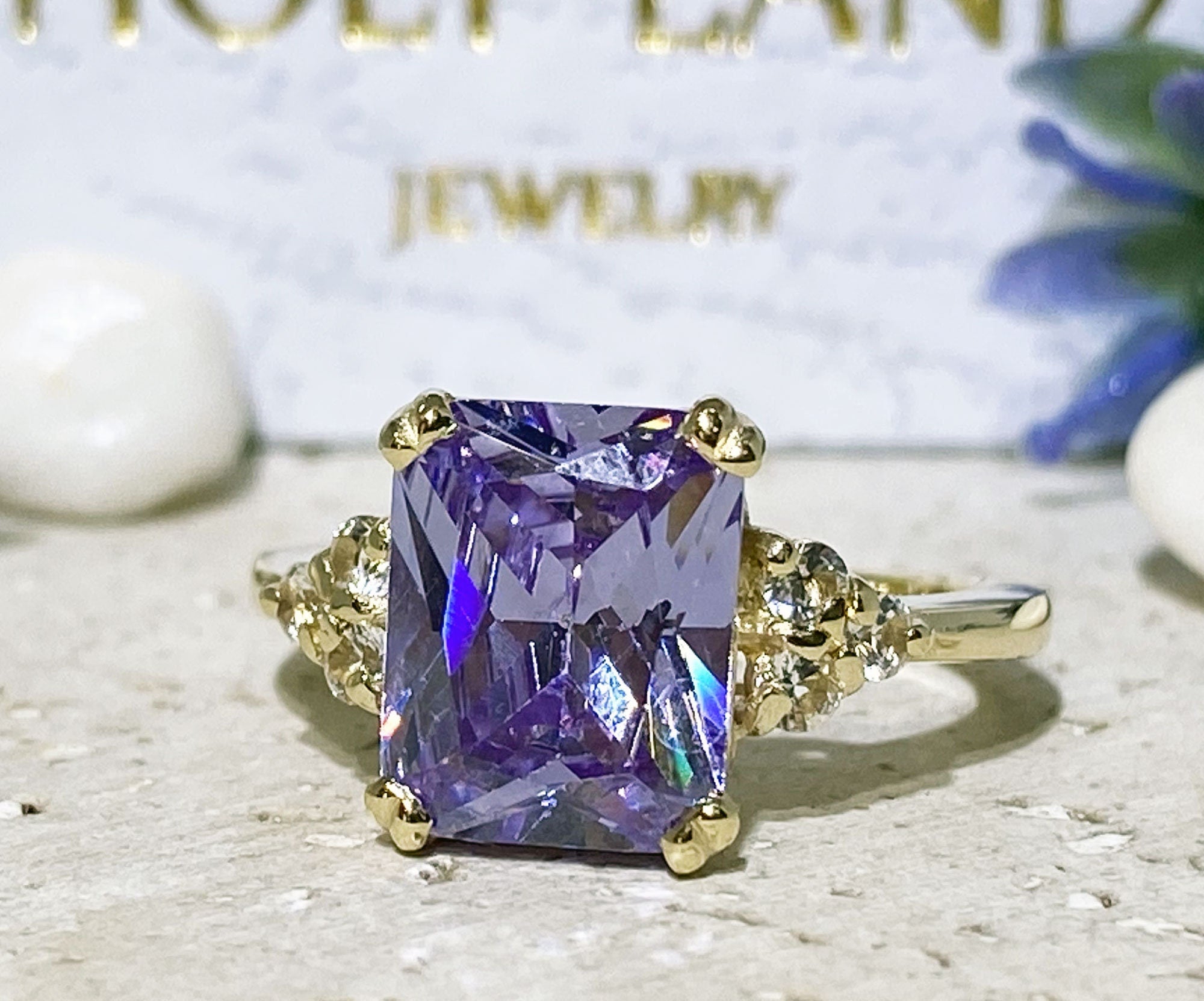 Octagon Lavender Amethyst Engagement Ring with Clear Quartz Accents - H.L.Jewelry