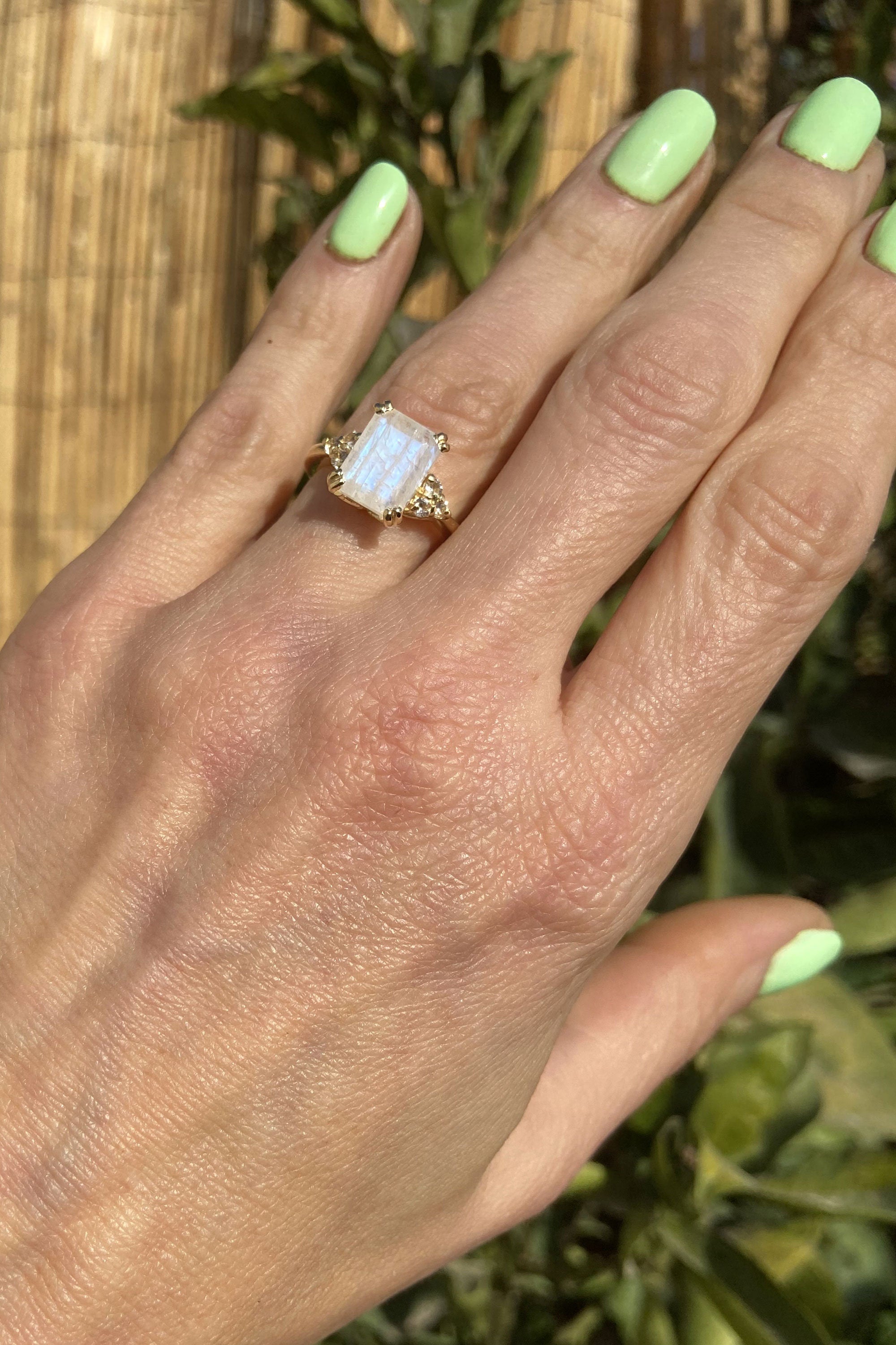 Octagon Rainbow Moonstone Engagement Ring with Clear Quartz Accents - H.L.Jewelry