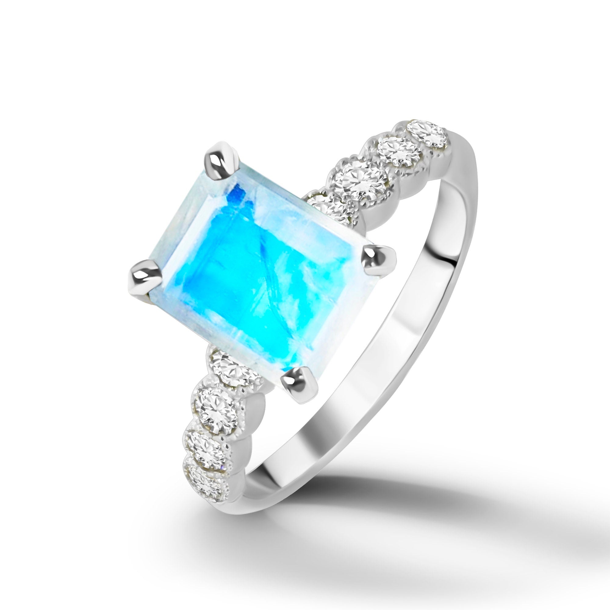Octagon Rainbow Moonstone Engagement Ring with Clear Quartz Accents - H.L.Jewelry