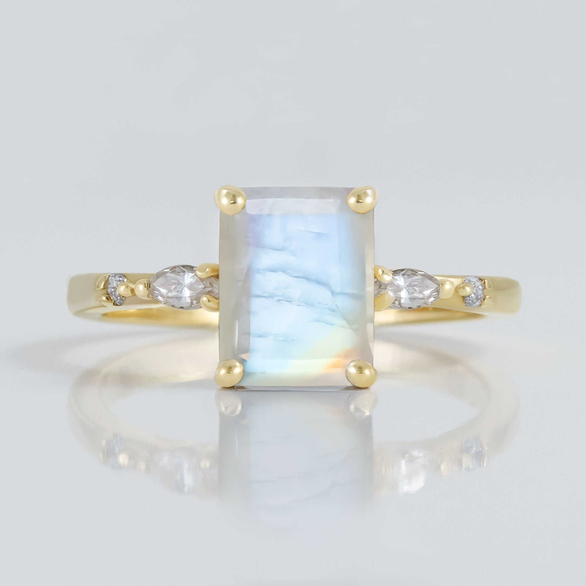 Octagon Rainbow Moonstone Ring with Clear Quartz Accents - H.L.Jewelry