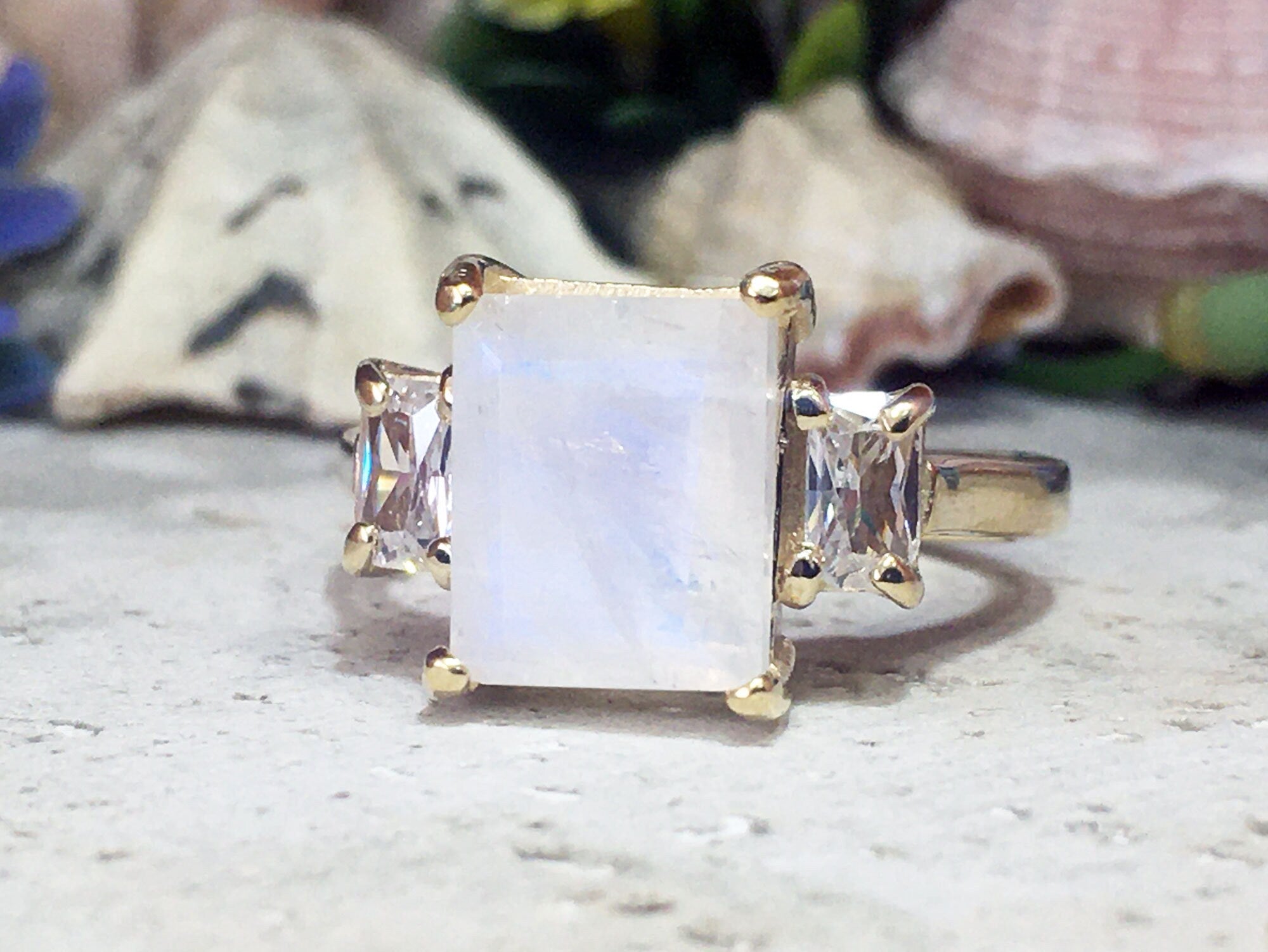 Octagon Rainbow Moonstone Statement Ring with Clear Quartz Accents - H.L.Jewelry