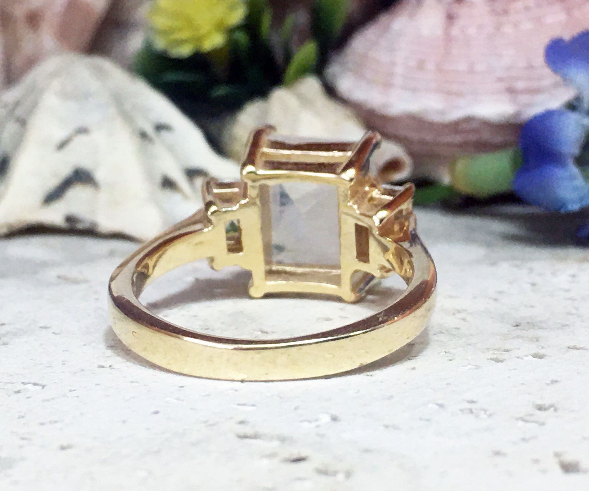 Octagon Rainbow Moonstone Statement Ring with Clear Quartz Accents - H.L.Jewelry