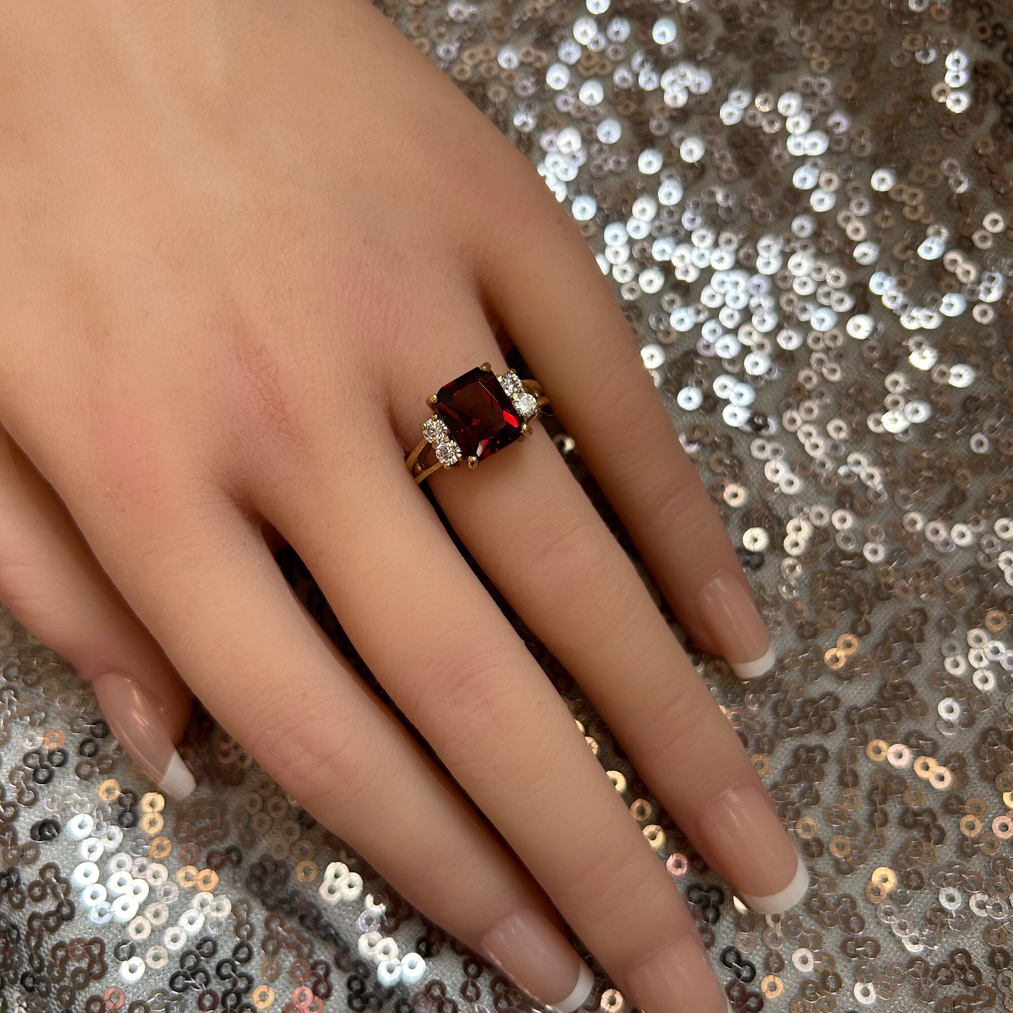 Octagon Red Garnet Double Band Ring with Clear Quartz Accents - H.L.Jewelry