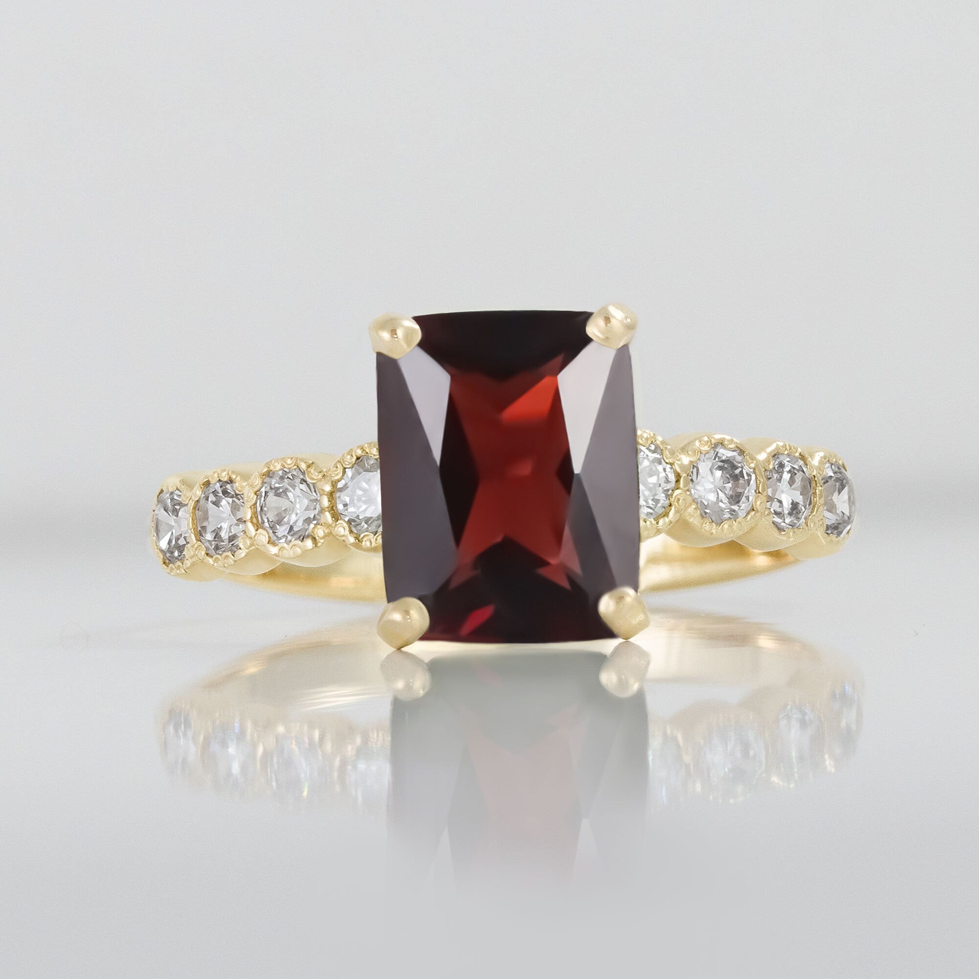 Octagon Red Garnet Engagement Ring with Clear Quartz Accents - H.L.Jewelry