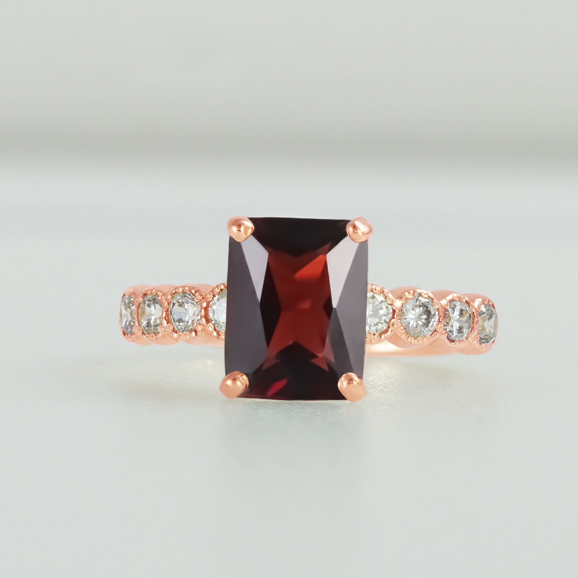 Octagon Red Garnet Engagement Ring with Clear Quartz Accents - H.L.Jewelry