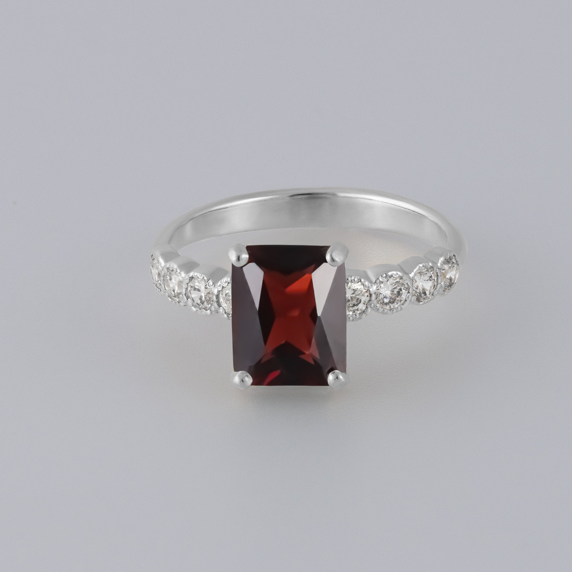 Octagon Red Garnet Engagement Ring with Clear Quartz Accents - H.L.Jewelry