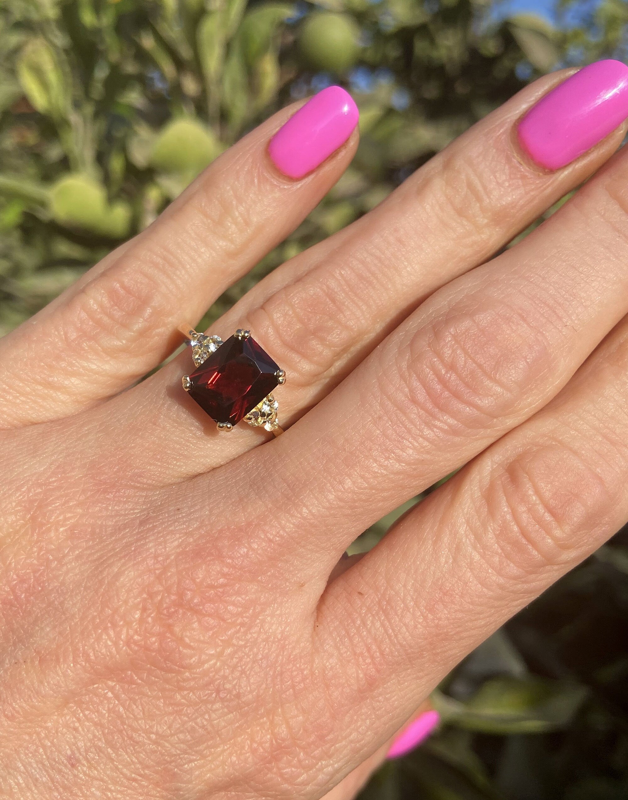 Octagon Red Garnet Engagement Ring with Clear Quartz Accents - H.L.Jewelry
