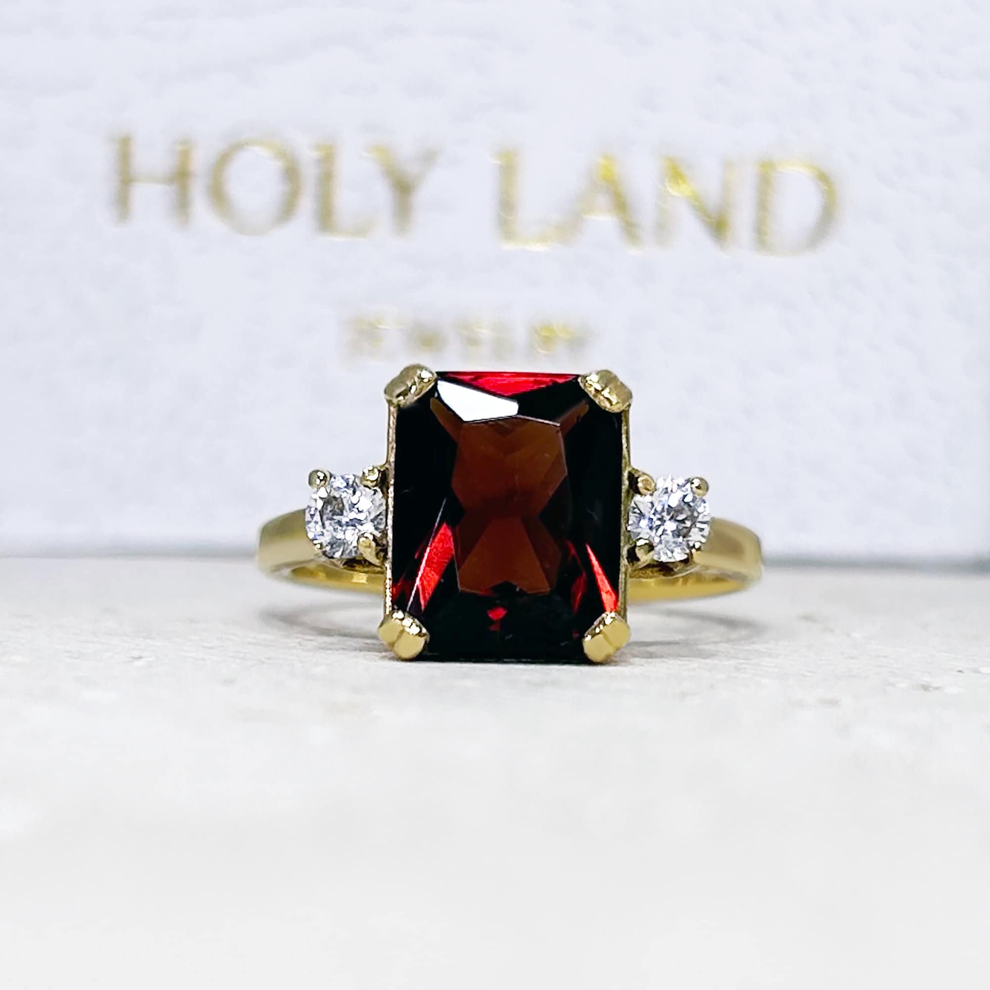 Octagon Red Garnet Ring with Clear Quartz Accents - H.L.Jewelry