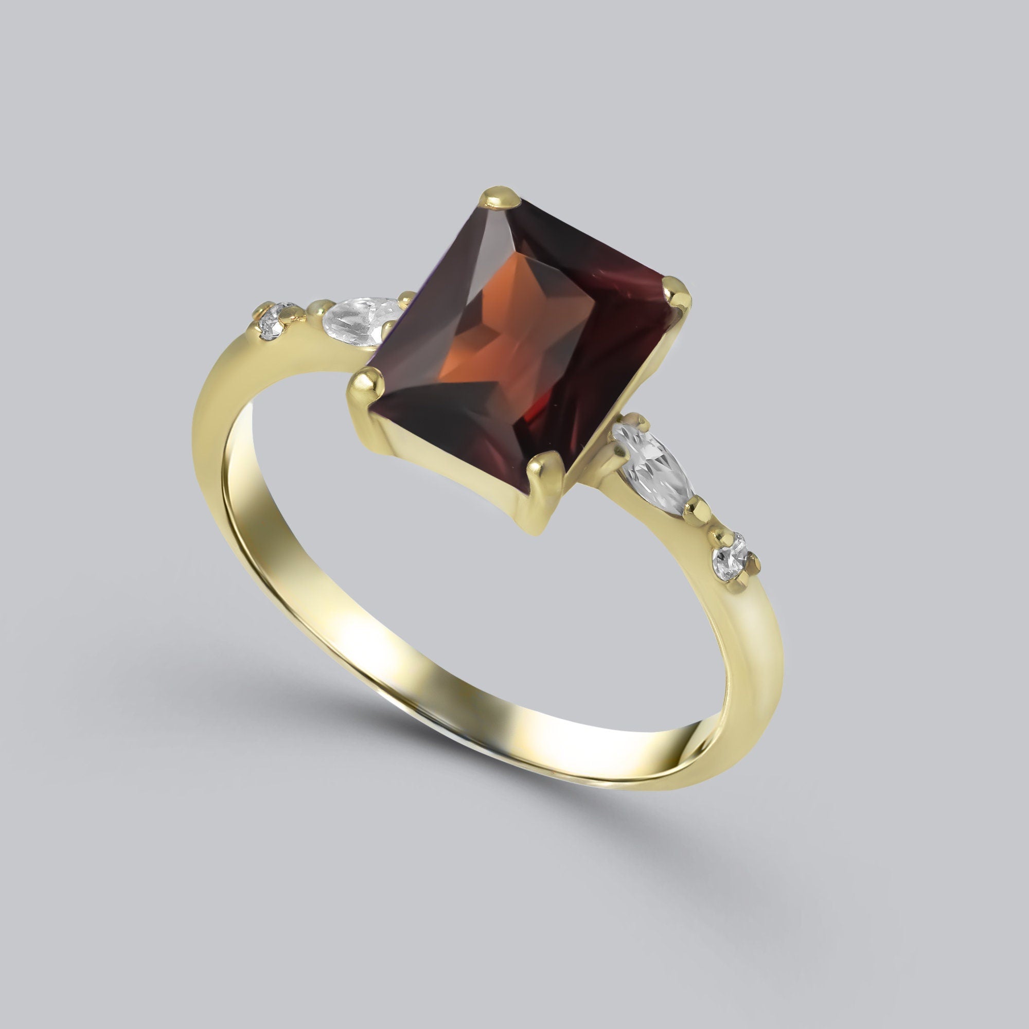 Octagon Red Garnet Ring with Clear Quartz Accents - H.L.Jewelry