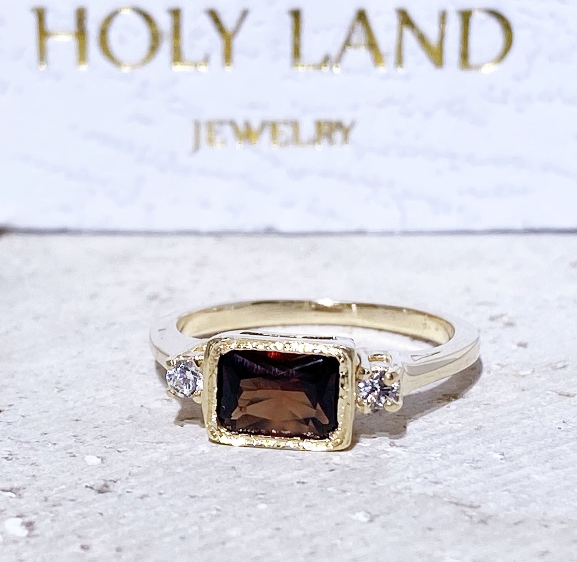 Octagon Red Garnet Simple Ring with Clear Quartz Accents - H.L.Jewelry